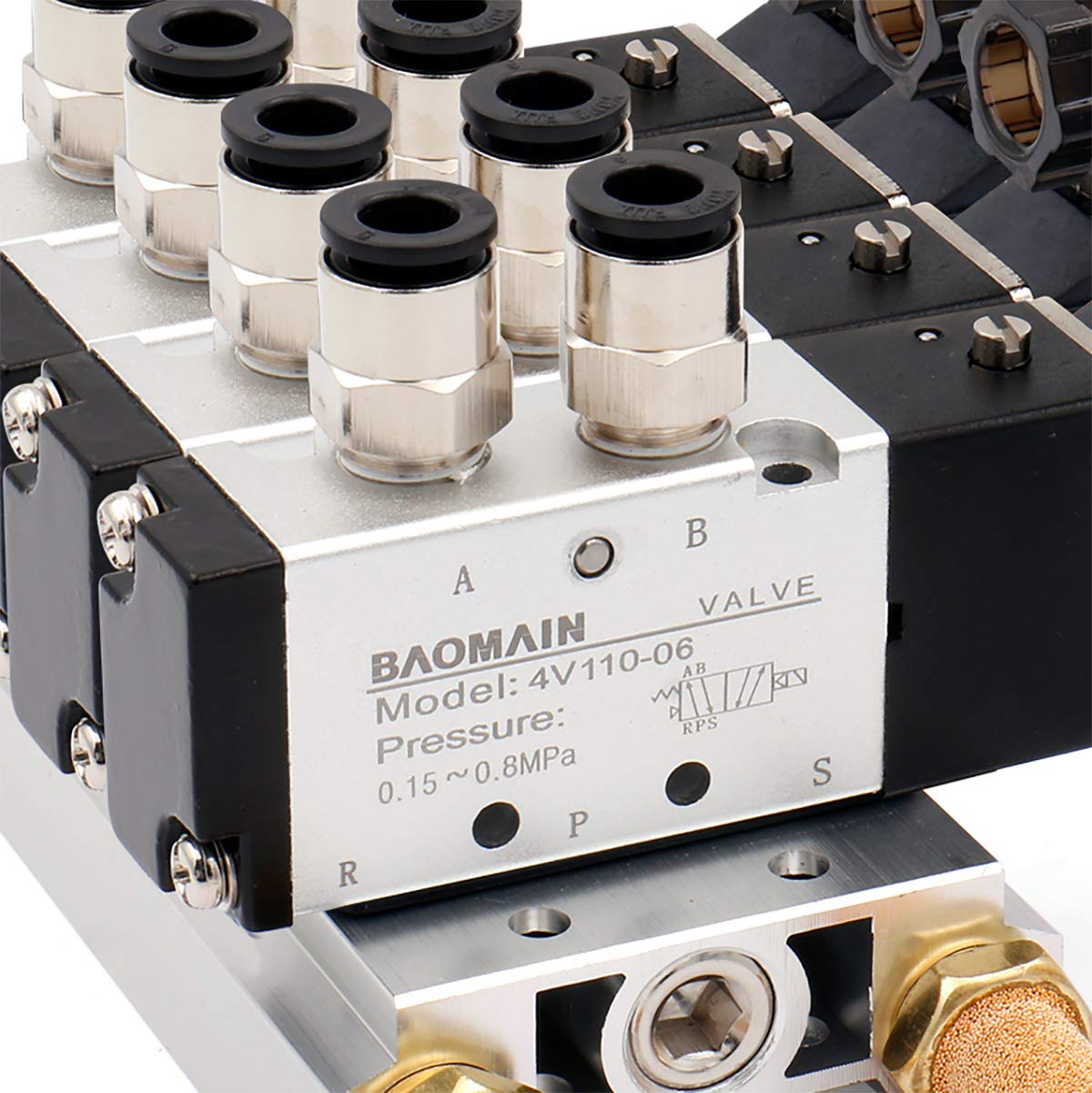 Baomain Válvula solenoide neumática 4V110-06 DC 24V 2 posiciones 5 vías 4 conectada con silenciador base