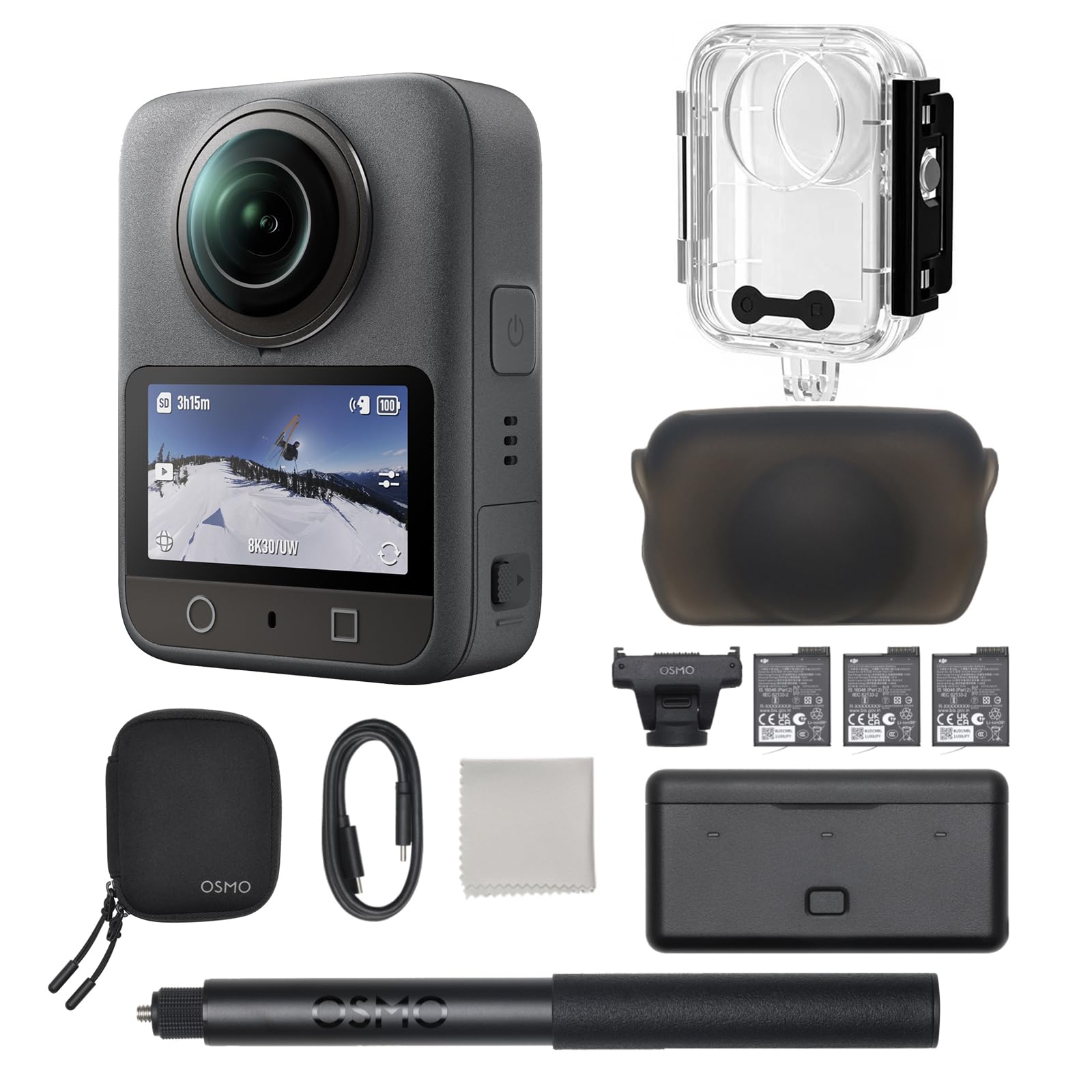 DJI Osmo 360 Camera Invisible Dive Case Adventure Combo, Extended Battery Life with 3 Batteries, 1.2m Invisible Selfie Stick Kit, Native 360° Video, 105GB Built-in Storage, 100-Min 8K Recording