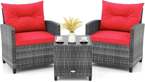 KOTEK Juego de muebles de patio de 3 piezas, juego de conversación de ratán PE para exteriores con cojines lavables y tablero de mesa de vidrio