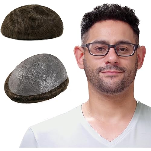 Lordhair Toupee for Men with 100% European human hair 8x10 inch Hairpiece for Men 0.03mm Ultra Thin Skin Hairsystem All V-looped Mens Toupee (Medium Light Brown #6)