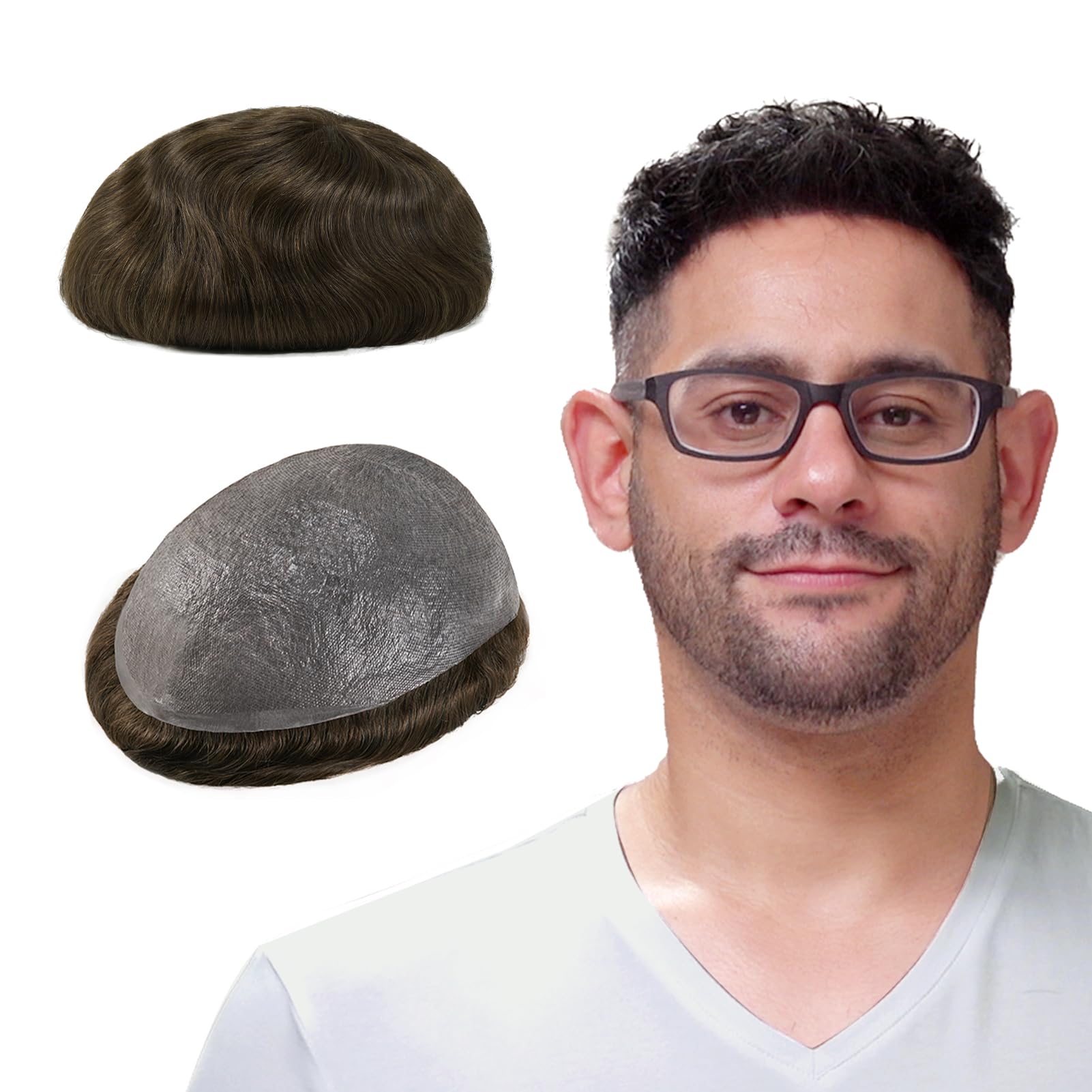 Lordhair Toupee for Men with 100% European human hair 8x10 inch Hairpiece for Men 0.03mm Ultra Thin Skin Hairsystem All V-looped Mens Toupee (Medium Light Brown #6)