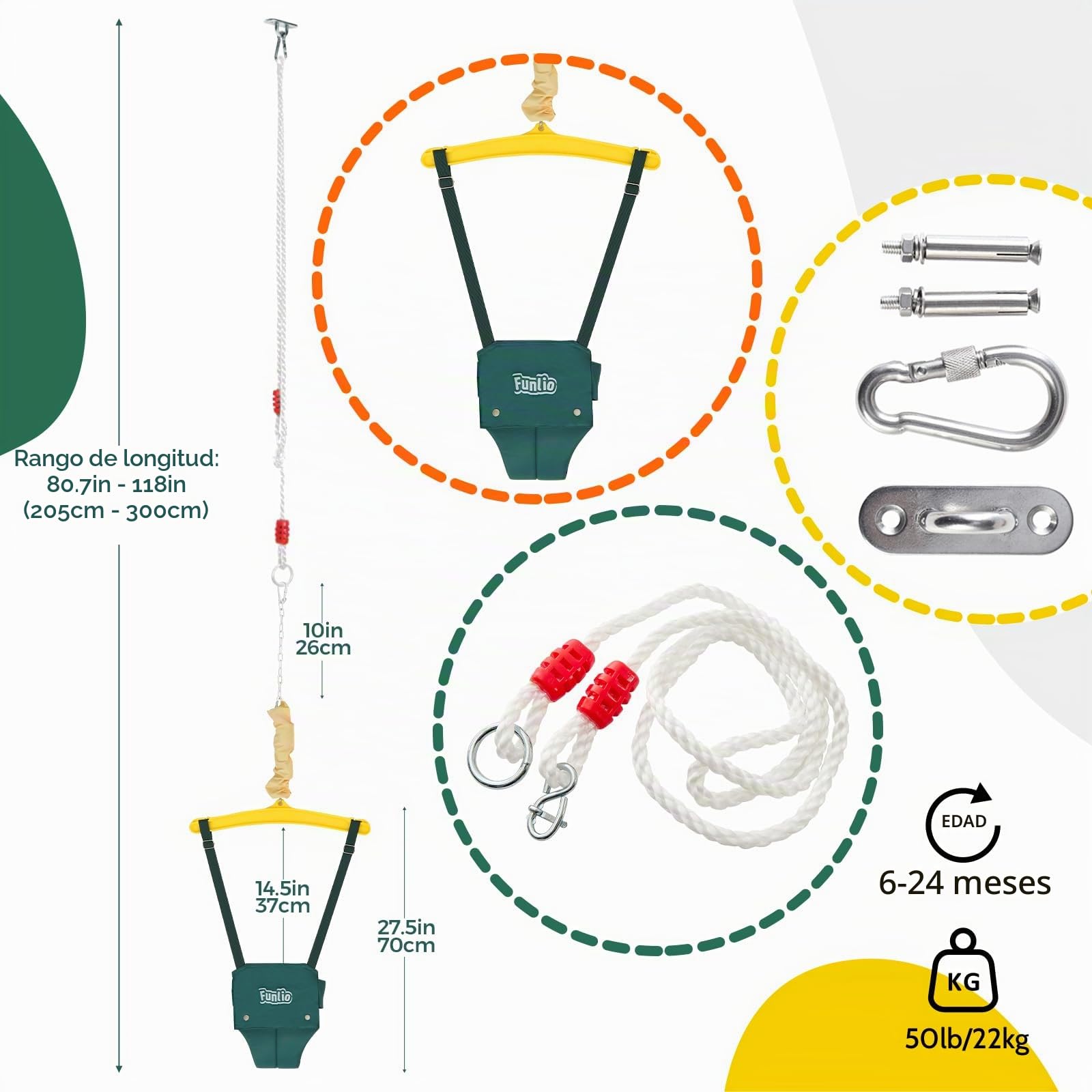 FUNLIO Saltador de Puerta con un Gancho de Techo para bebé （6-24 Meses Juego de Ejercicio de Columpio para Jugar en Interiores/Exteriores para bebé, con Cadena Ajustable, fácil de Montar - Verde