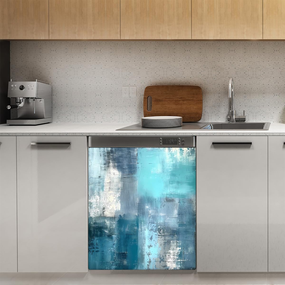 Housse magnétique réutilisable pour lave-vaisselle - Texture artistique turquoise - Autocollant décoratif pour porte de lave-vaisselle