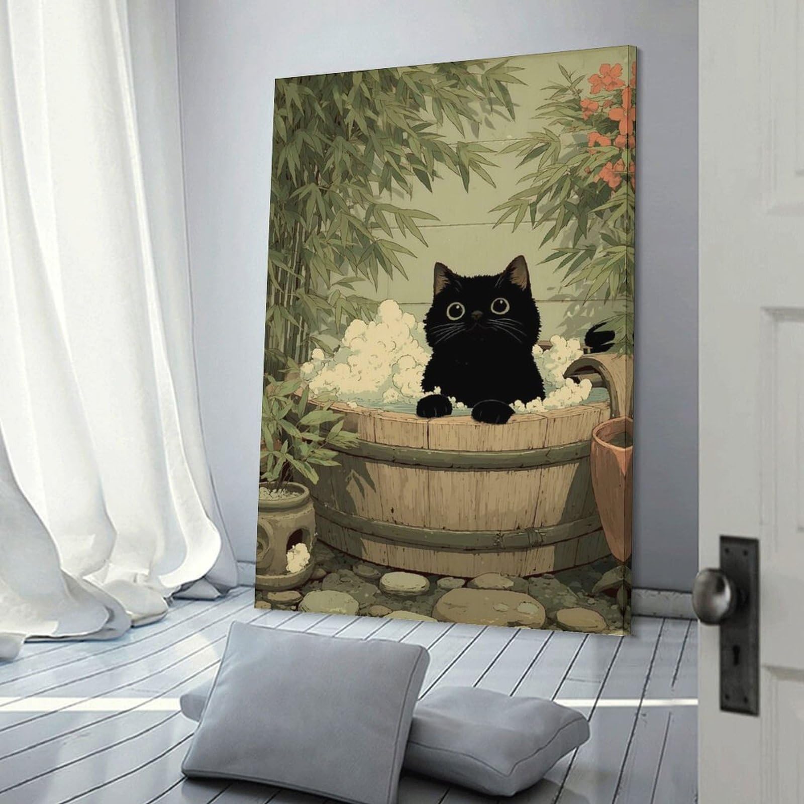 Junmoney Frame-Style-11 Black Cat In Japan Tub Wall Decor Canvas Print, 20X30inch(50X75cm), For Lounge, Bedroom Or Personal Spaces, Thoughtful Wall Decor For Art Lovers