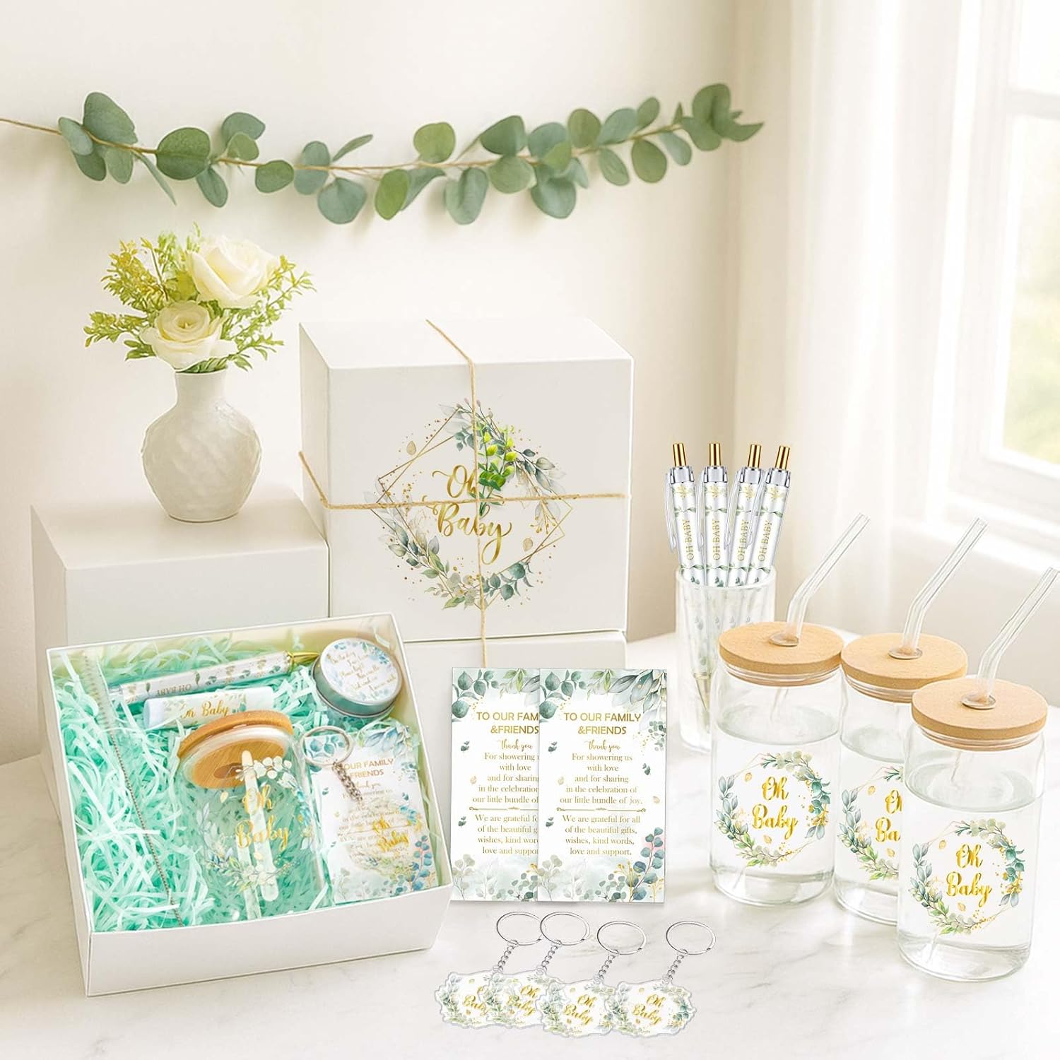 Hoolerry 6 Sets 72 Pcs Baby Shower Prizes for Game Favors Include Glass Cups Baby Shower Winners Present Box Lipstick Pen Candle Keychain Guests Wedding Gift(Greenery)