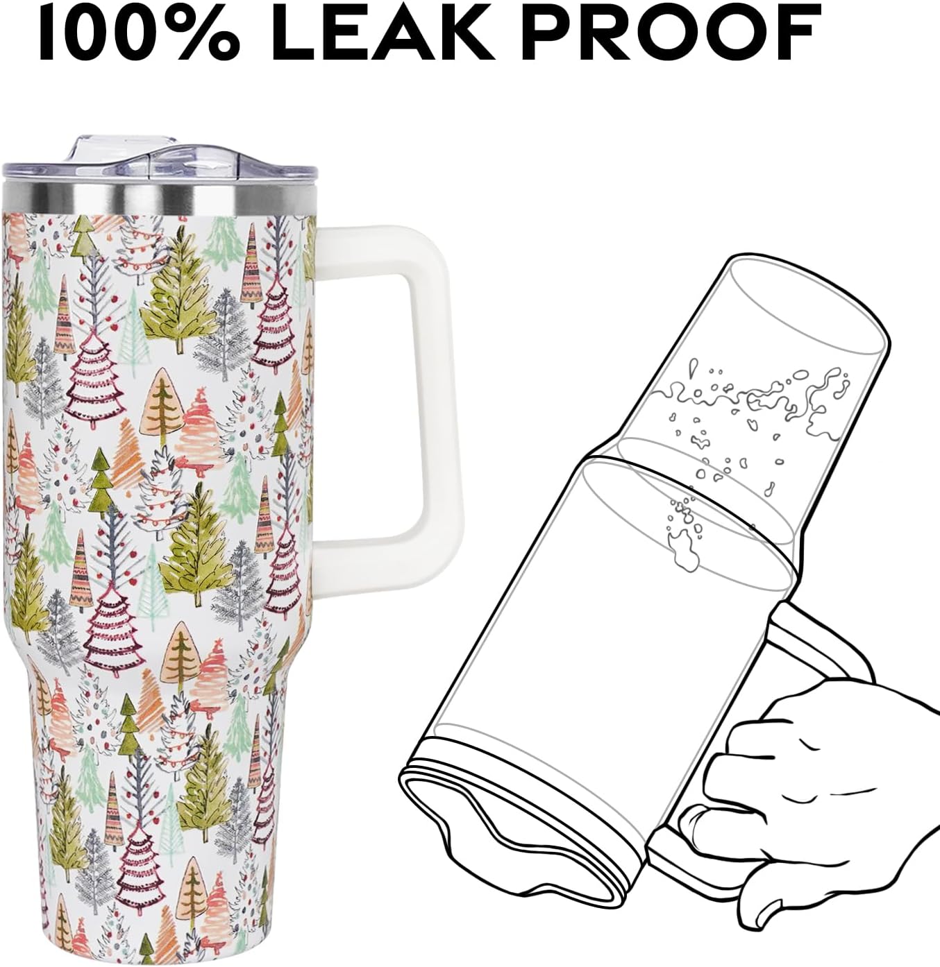 Christmas Trees Tumbler with Handle and Straw Lid 40 oz,Cute Merry Xmas Colorful Gifts for Women Vacuum Insulated Leak Proof Tumbler,Winter Holiday Accessories Stainless Steel Coffee Cup Mug - Image 4