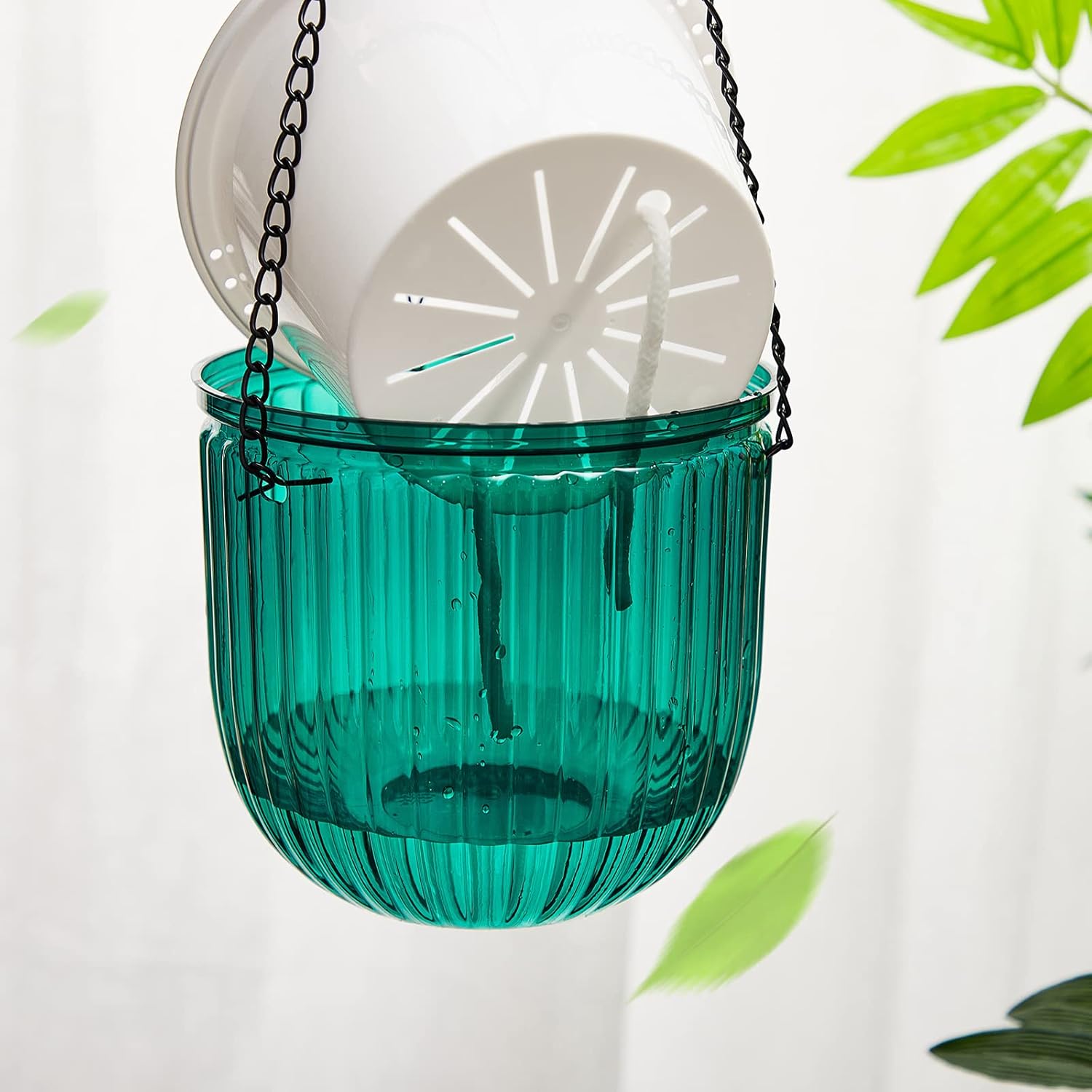 Meanplan 4 Pcs Self Watering Hanging Planter Indoor 6.5 Inch Hanging Baskets for Plants Outdoor Plastic Flower Pot with 3 Hooks Chains Drainage Holes for Garden Home, Medium Size(Emerald, Gray)