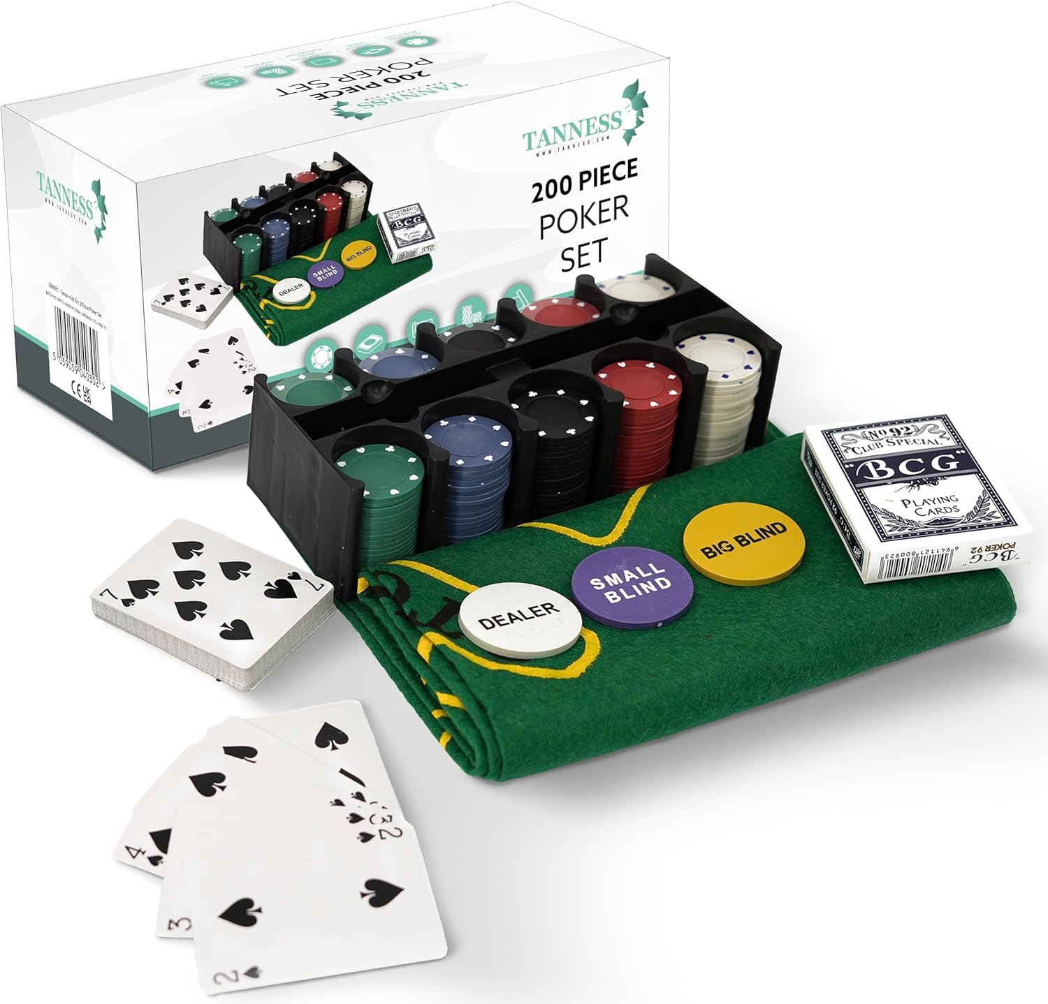 200 Pcs Poker Set, Casino Texas Holdem Poker Set with Chips, Poker Mat & Tin Box | Gambling Cards & Casino Chips for Black Jack Games