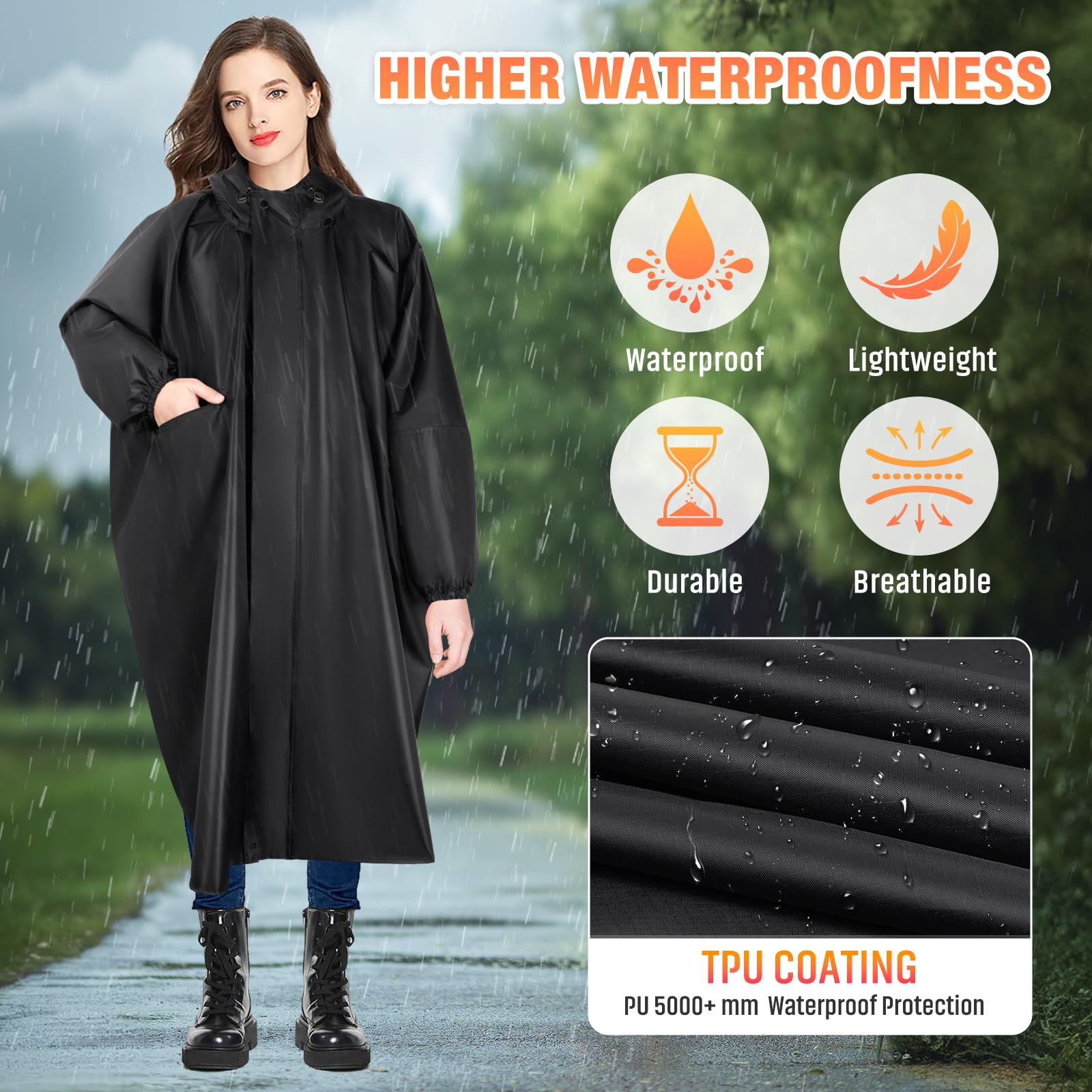LUROON Poncho Pluie Imperméable avec Capuche Cape de Pluie Pliable avec Poches Bandes Réfléchissantes, Poncho Imperméable Unisexe Poncho Pluie Réutilisable,Cape de Pluie pour Randonnée Voyage Cyclisme