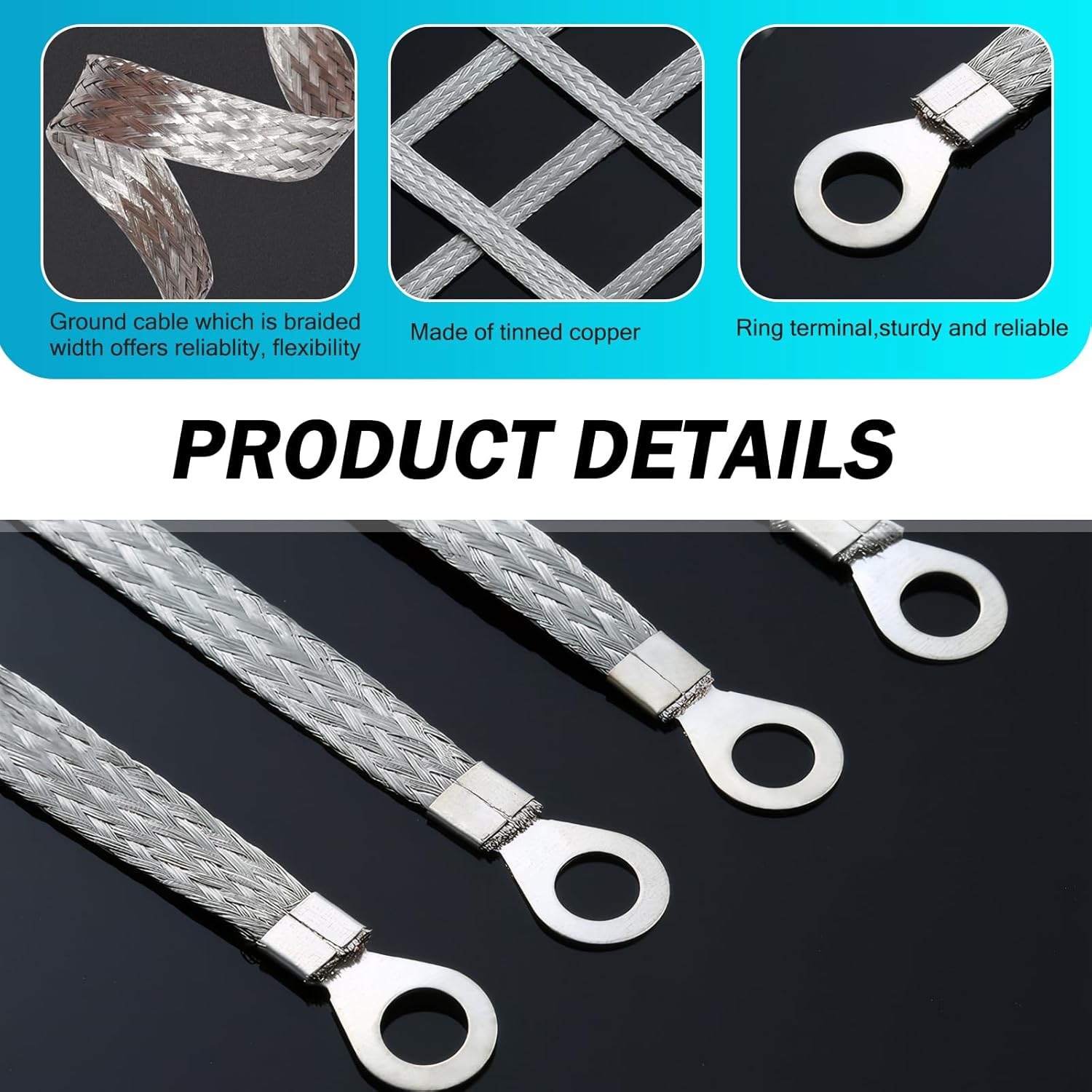 5 PCS Car 10" 13" Engine Ground Strap Kit, Copper Braided Flexible Cable with Round Connection Terminals, Multipurpose Heavy Duty Ignition Coil Ground Strap, Universal for Cars (Silver)