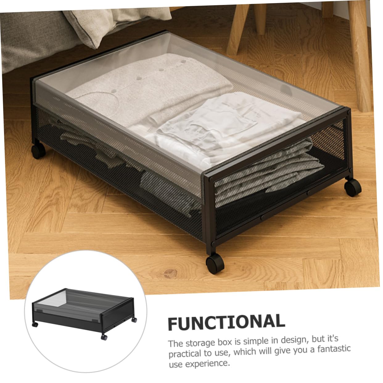 PRETYZOOM Cesta de Almacenamiento Debajo Cama Negro Tapa Transparente Organizador para Guardar Ropa Zapatos y Libros Dormitorio