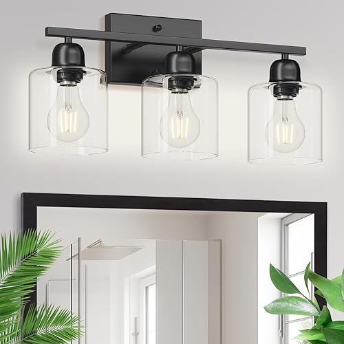 Modernas lámparas de baño de 3 luces, 19 pulgadas negras para baño con vidrio transparente, accesorios de iluminación de baño sobre espejo para