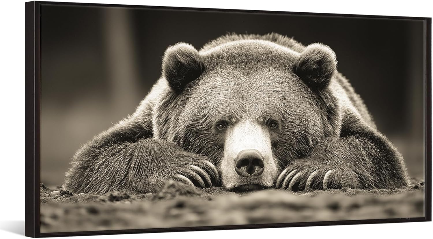 iKNOW FOTO Grizzly Bear Wall Art Brown Animal Canvas Print with Black Floater Frame Rustic Woodland Decor for Living Room Bedroom Cabin Farmhouse Lodge Nature Forest Wildlife Painting 24x48 Inch