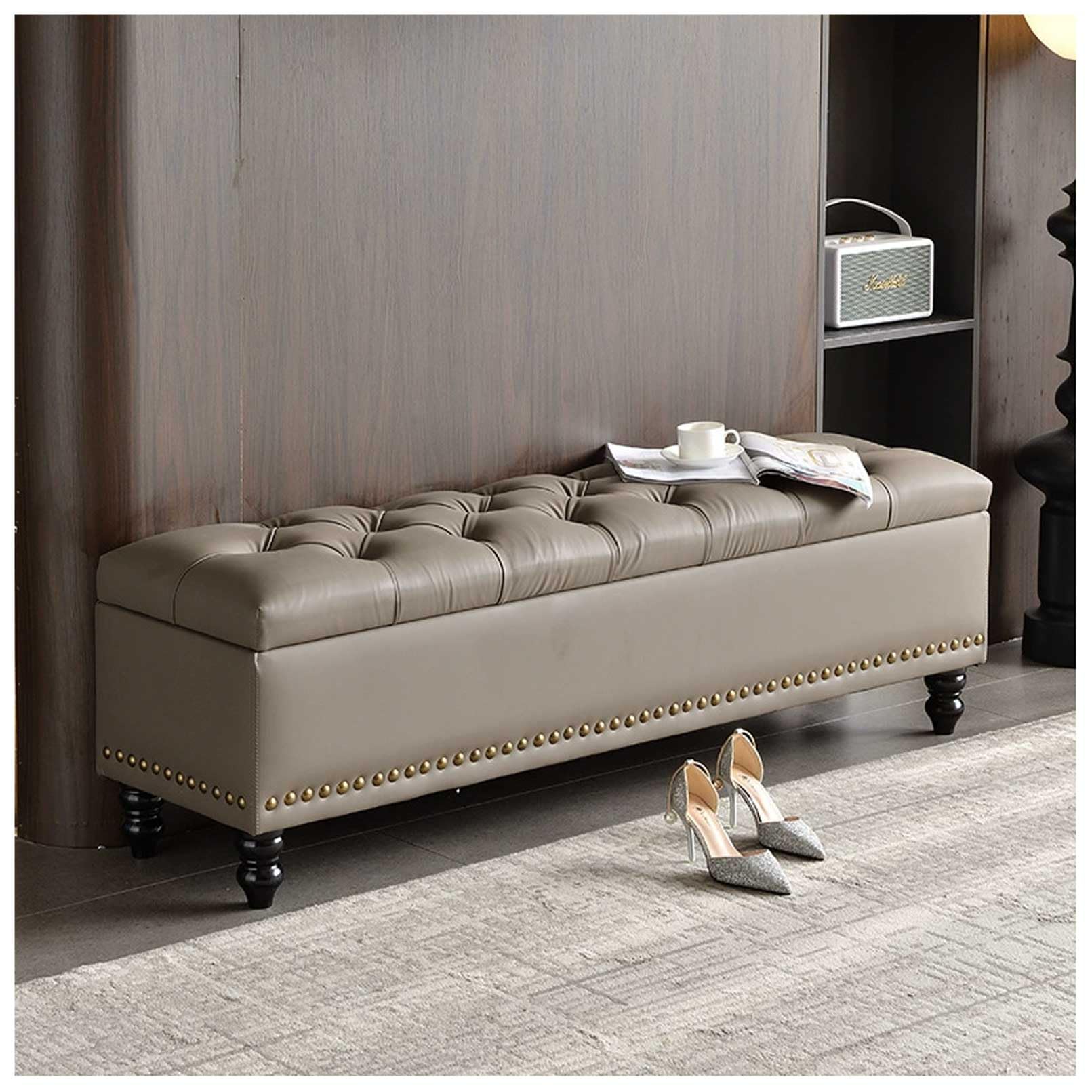 MSHGSKU Wooden Frame Storage Bench 330kg Capacity Bed End Ottoman Grey Pouf for Shoes Footrest Living Room & Bedroom Furniture 31"x15.7"x16.9"