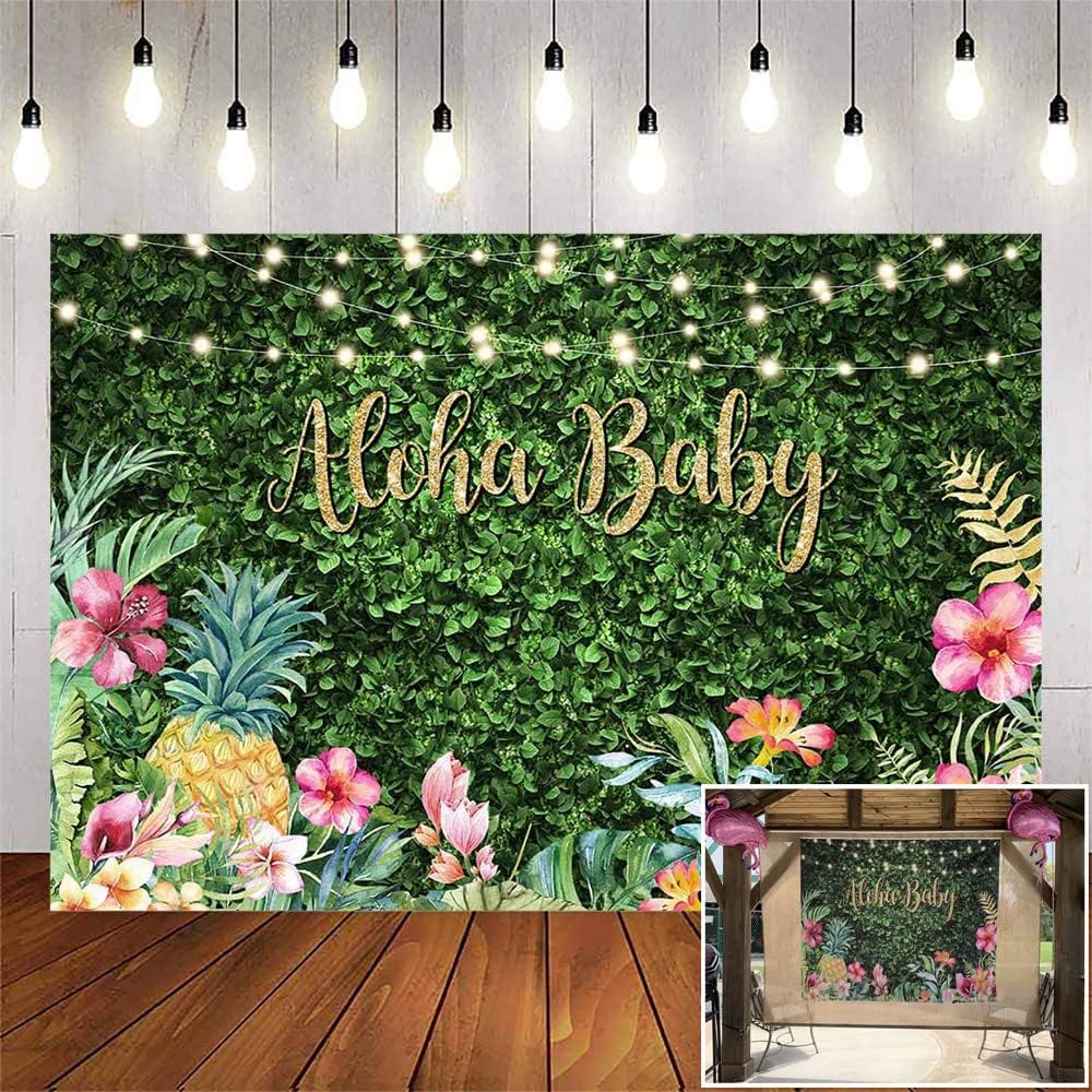 Avezano Aloha Baby Shower Backdrop 7x5ft Green Grass Summer Hawaiian Floral Tropical Photography Background Leaves Baby Shower Party Decoration Props (7x5ft)