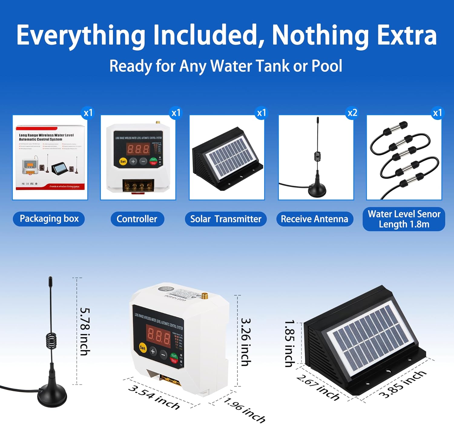 Long-Range Wireless Automatic Water Level Controller for Tank, Well & Cistern, Solar-Powered Digital Display Sensor, Prevents Pump Dry Run & Auto Water Filling System, 3KM Range