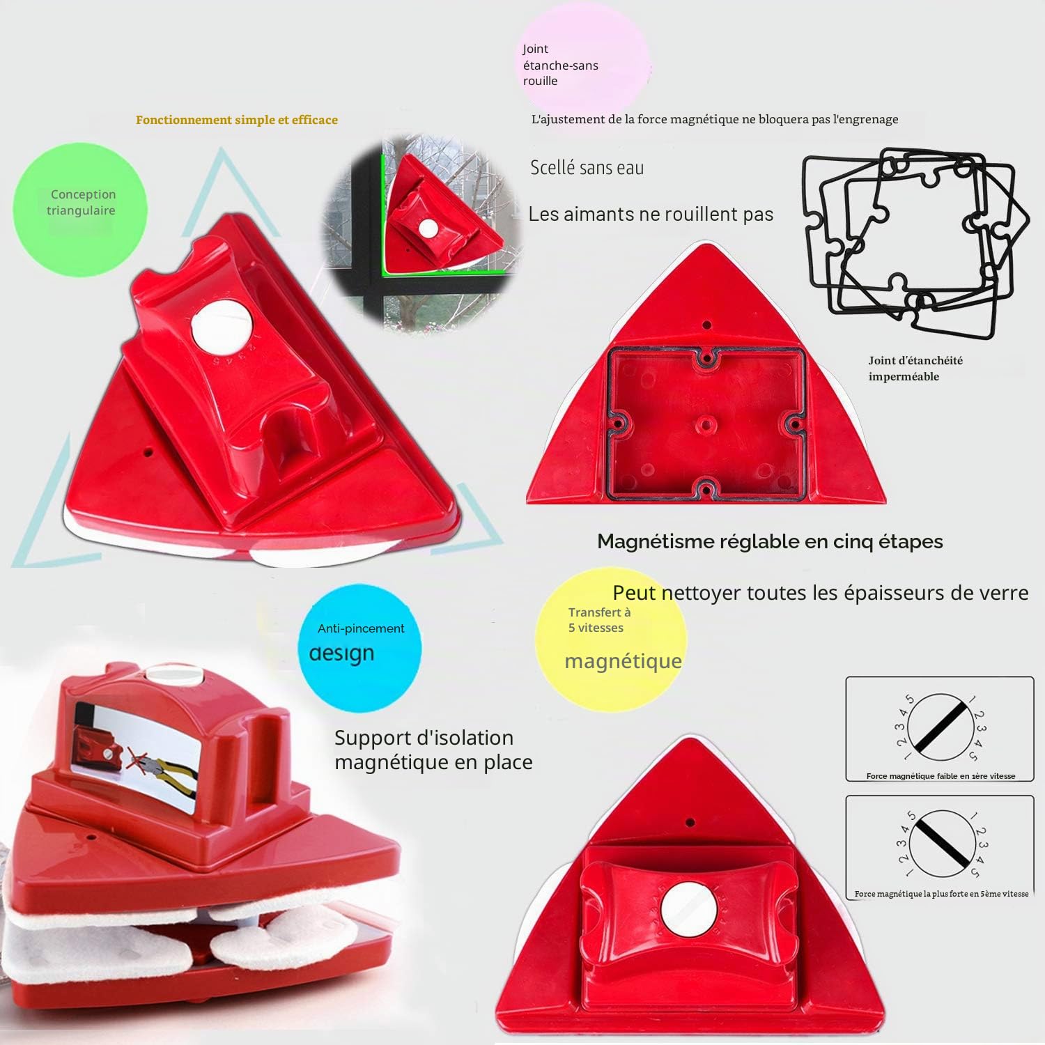 Fcare Nettoyeur de fenêtre magnétique extérieur, Brosse Double Face, Outils de Nettoyage pour vitres, réglable pour Le Nettoyage de fenêtres de Grande Hauteur, épaisseur de 0,8 à 3 cm (Rouge)