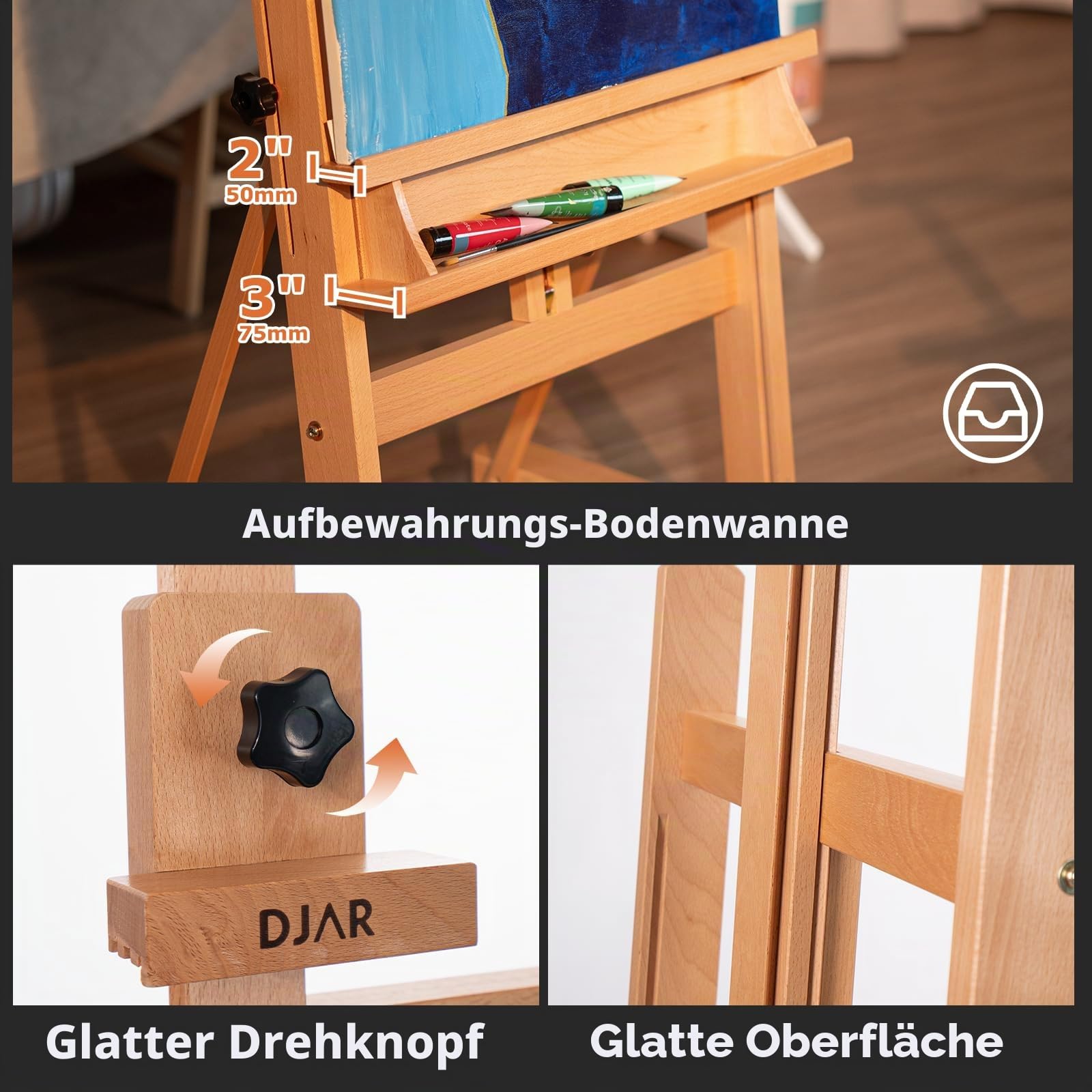 DJAR Große H-Rahmen Atelierstaffelei, Hält Leinwände bis 236 cm, Verstellbare Bodenstaffelei aus Buchenholz mit 360° Rollen, für Künstler & Profis