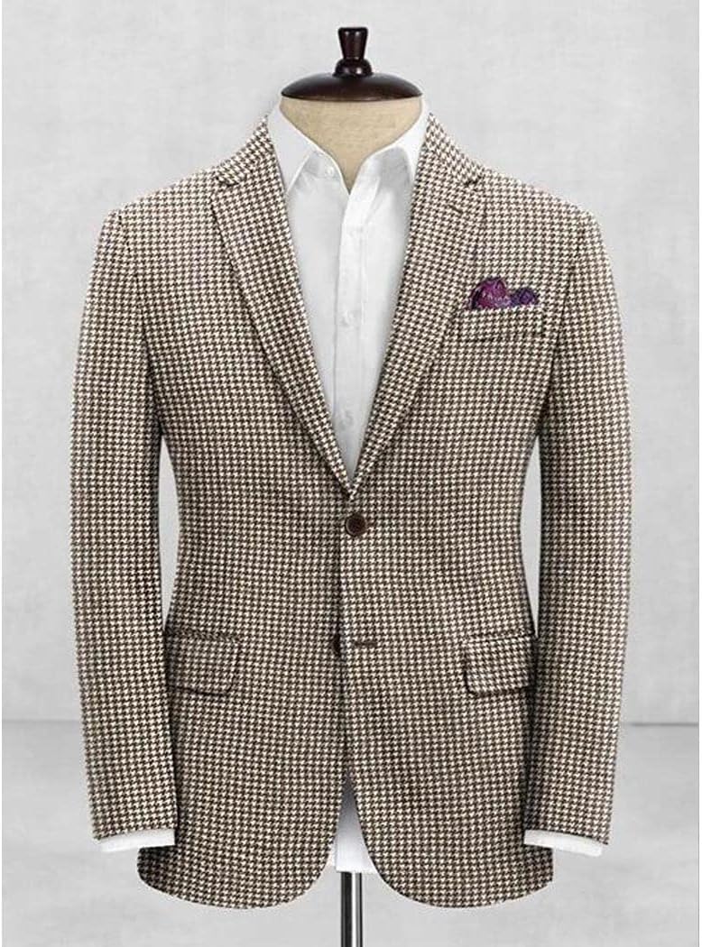 Houndstooth Dogstooth Plaid Slim Fit Notch Lapel Blazer Tuxedo Prom Casual 2 Pieces Suit Jacket & Pants