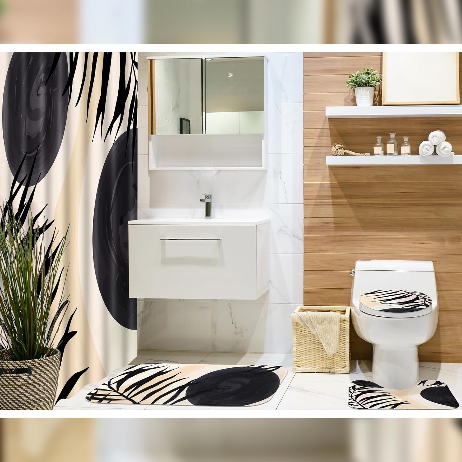 4 Pcs Black Shower Curtain Sets with Non Slip Rugs, Toilet Lid Cover and Bath Mat, Waterproof Bathroom Shower Curtains with 12 Hooks for Bathroom Decor 70.8 × 70.8 Inch(Bohemia)