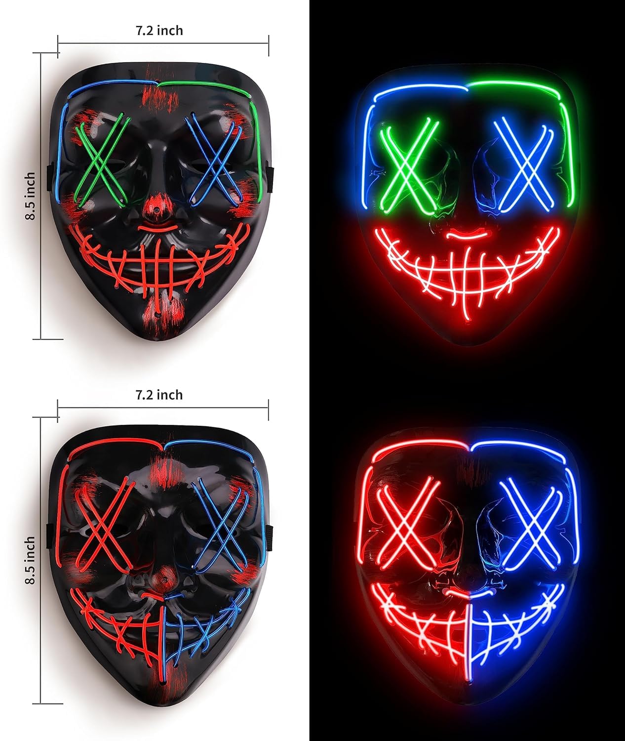 AnanBros - Maschera per Halloween, con luci a LED, maschera, per Halloween, 3 modalità di illuminazione, per cosplay e feste