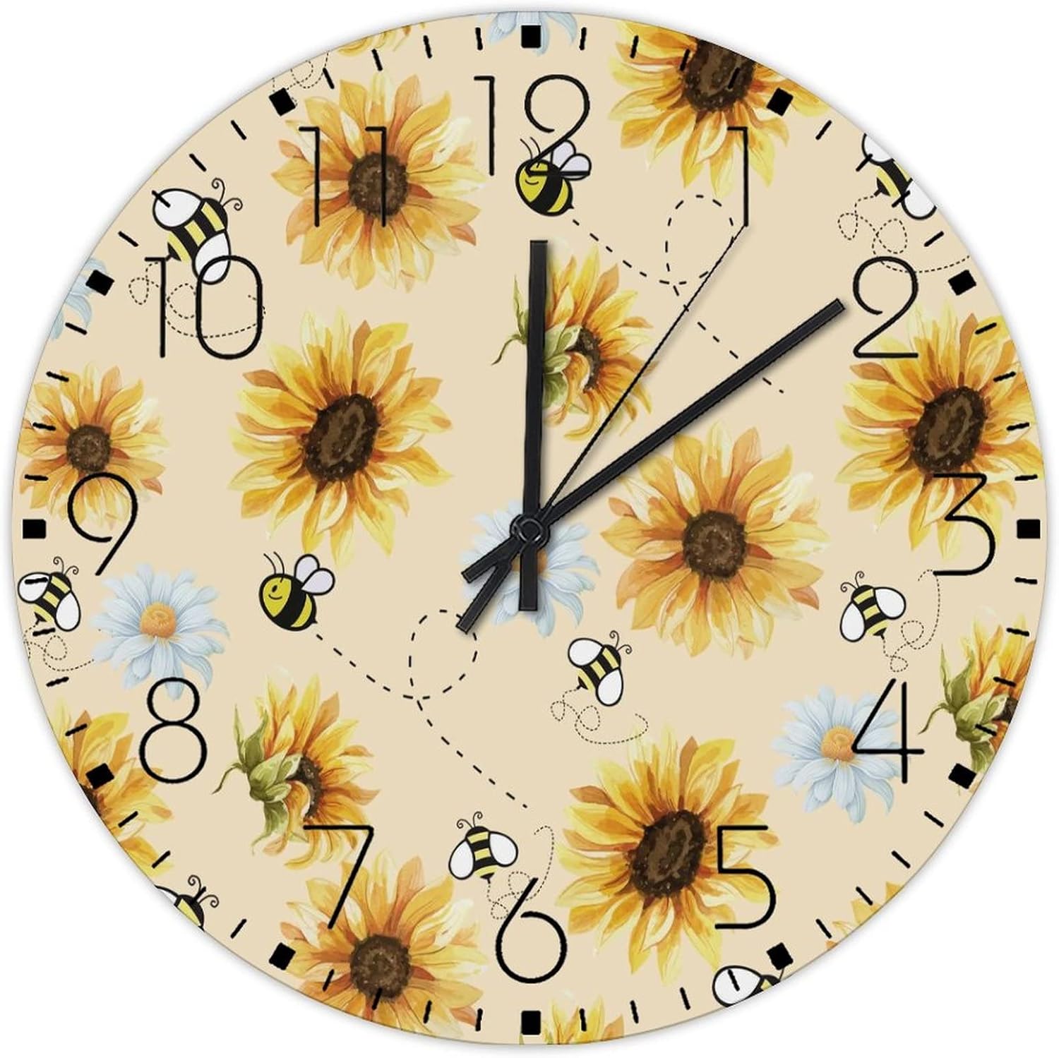 15 Inch Silent Wall Clock Sunflower and Bee Print Coffee Decor for Lofts Frameless Seasonal Spring Summer Flowers Wall Clocks Round Wooden Wall Clock Vintage for Above Fireplace Yoga Room