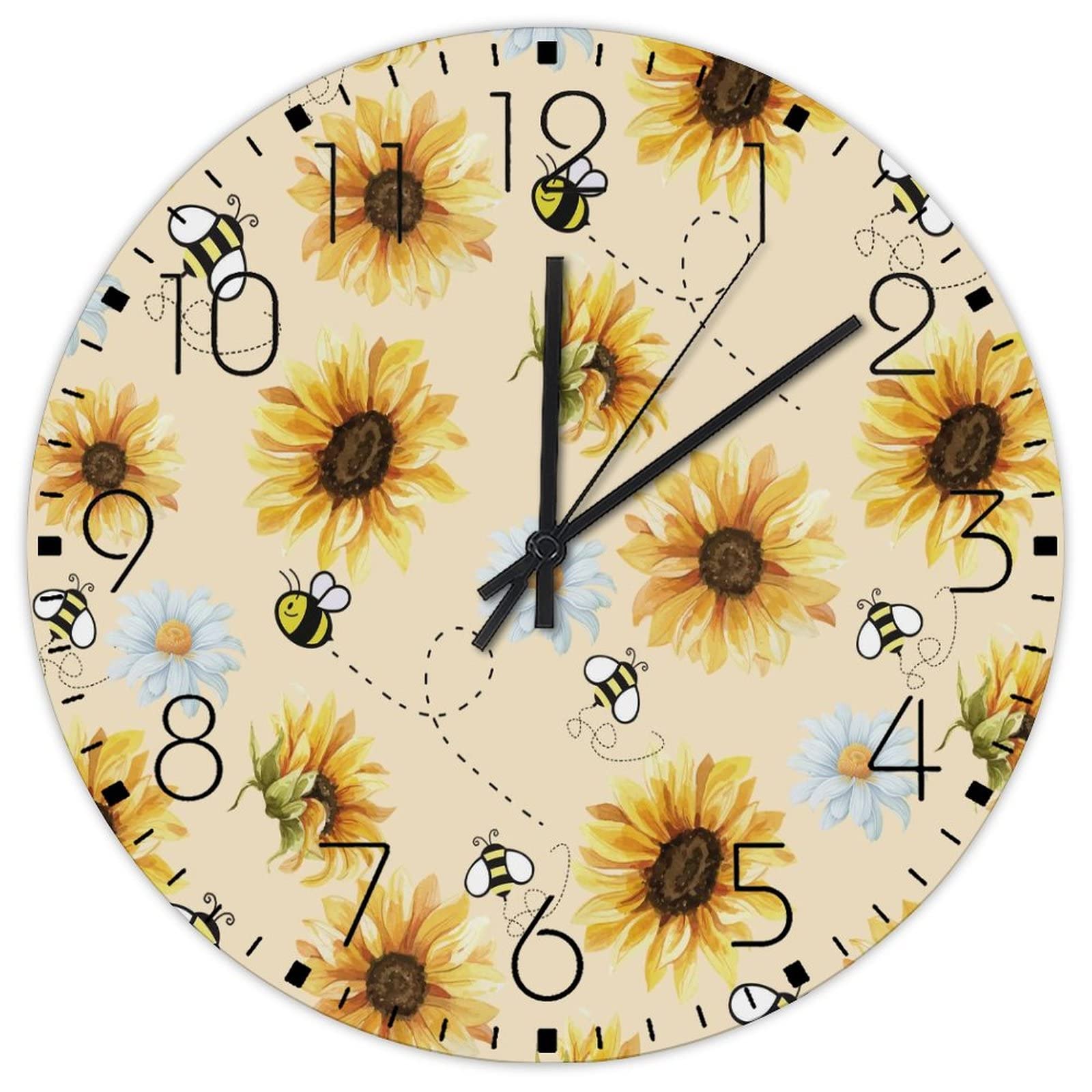 Horloge murale ronde en bois vintage avec fleurs de printemps et d'été