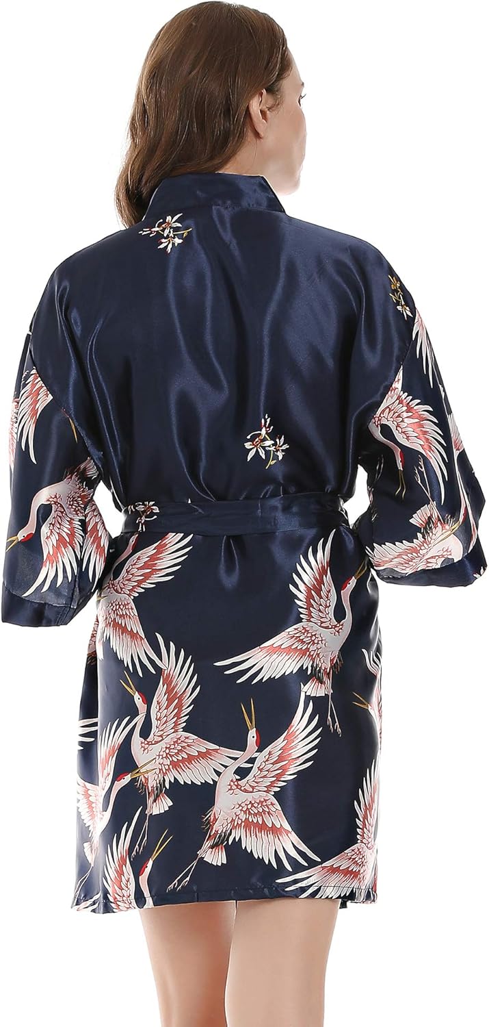 Women Kimono Robes Satin Dressing Gown Crane and Blossoms Sleep Lounge Nightwear Short Silk Bride Bridesmaid Robe - Image 2