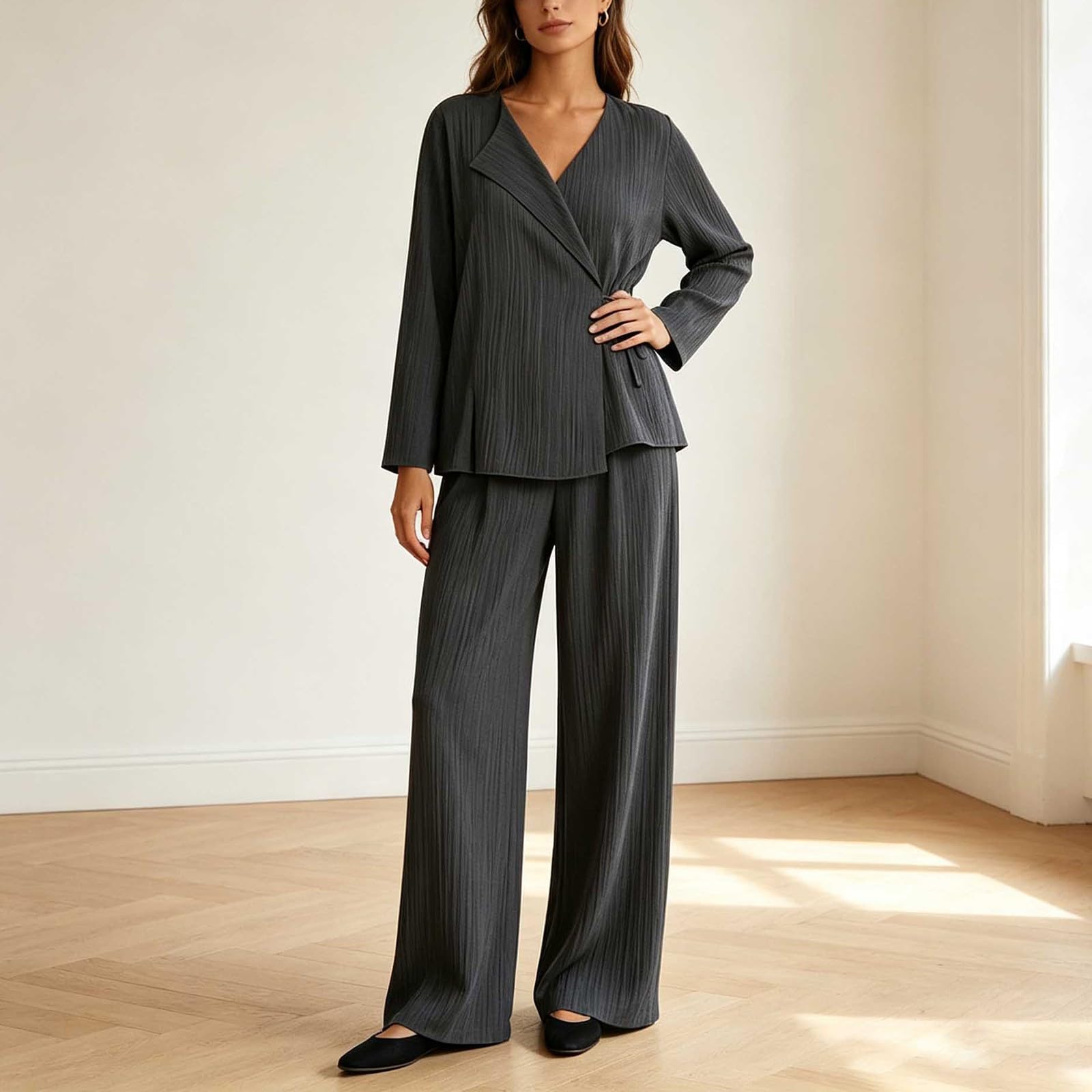 Co Ord Set da donna Primavera Autunno Tie Front Lounge Wear Set Plus Size Casual Allentato 2 Pezzi Abiti per il Tempo Libero Manica Lunga Warp T-shirt Gamba Larga Pantaloni Lunghi Vestito Da Viaggio