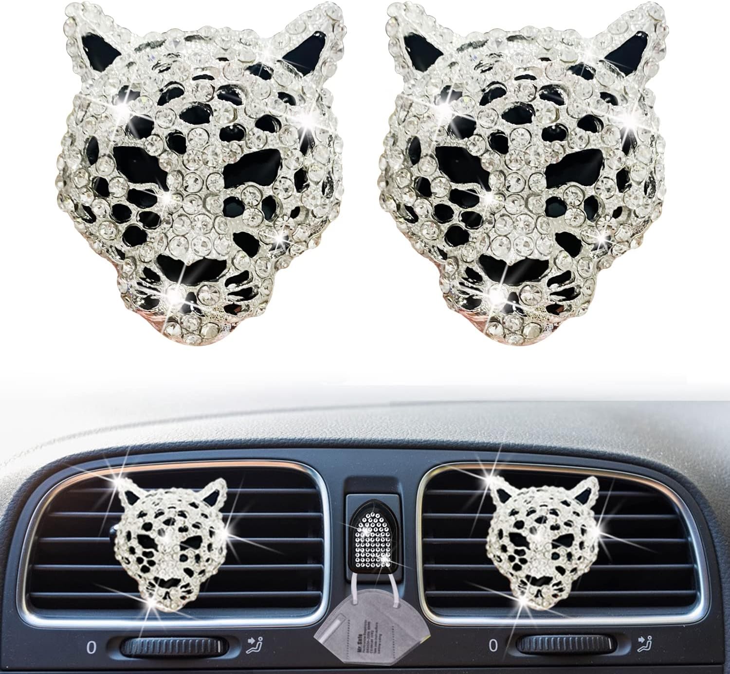 2 Pcs Bling Leopard Air Vent Clips, Crystal Leopard Car Air Fresheners Vent Clips Car Diffuser Vent Clip Rhinestone Leopard Car Decoration Car Interior Decor Bling Car Accessories for Women (Silver)