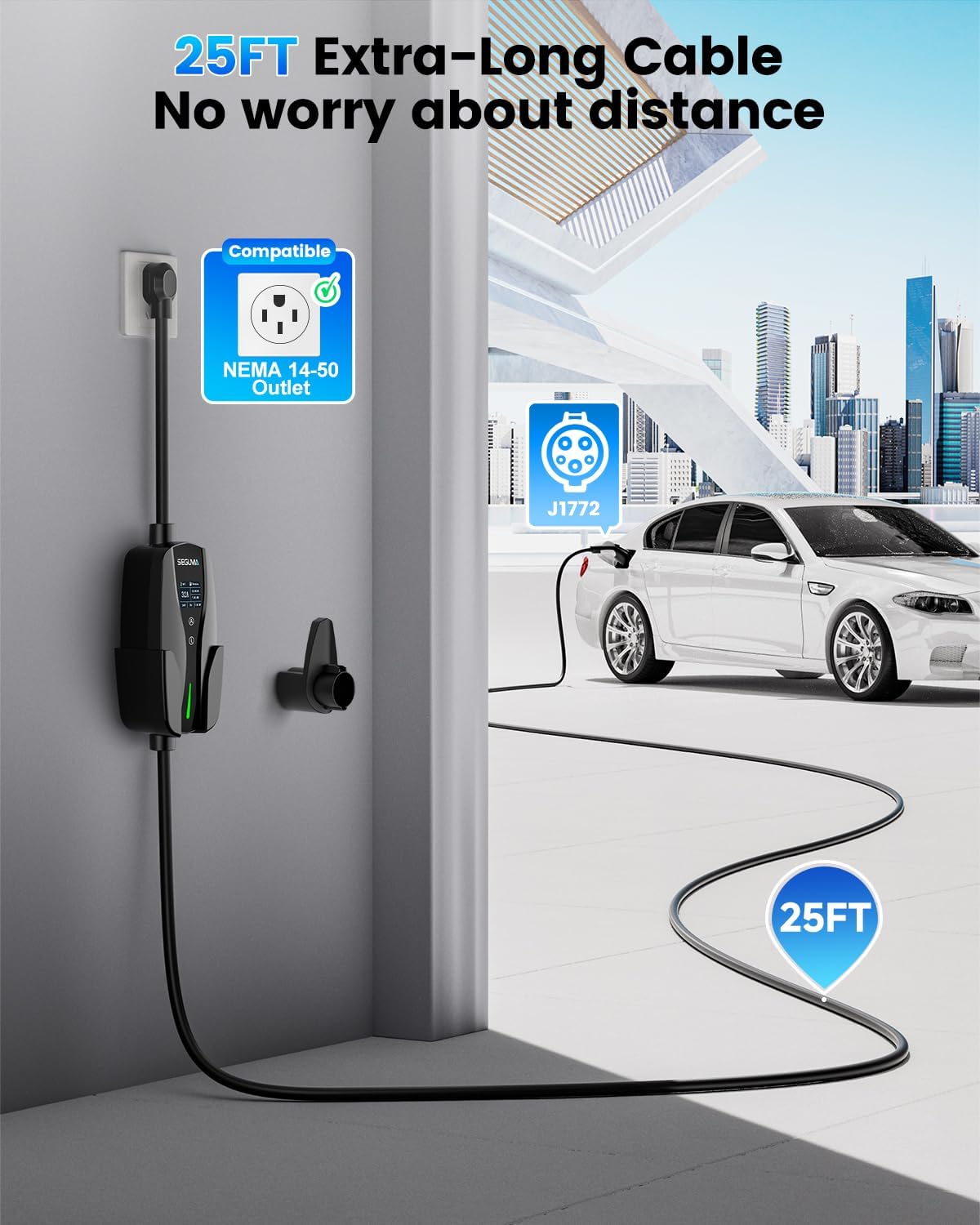 SEGUMA EV Charger with 25ft extra-long cable