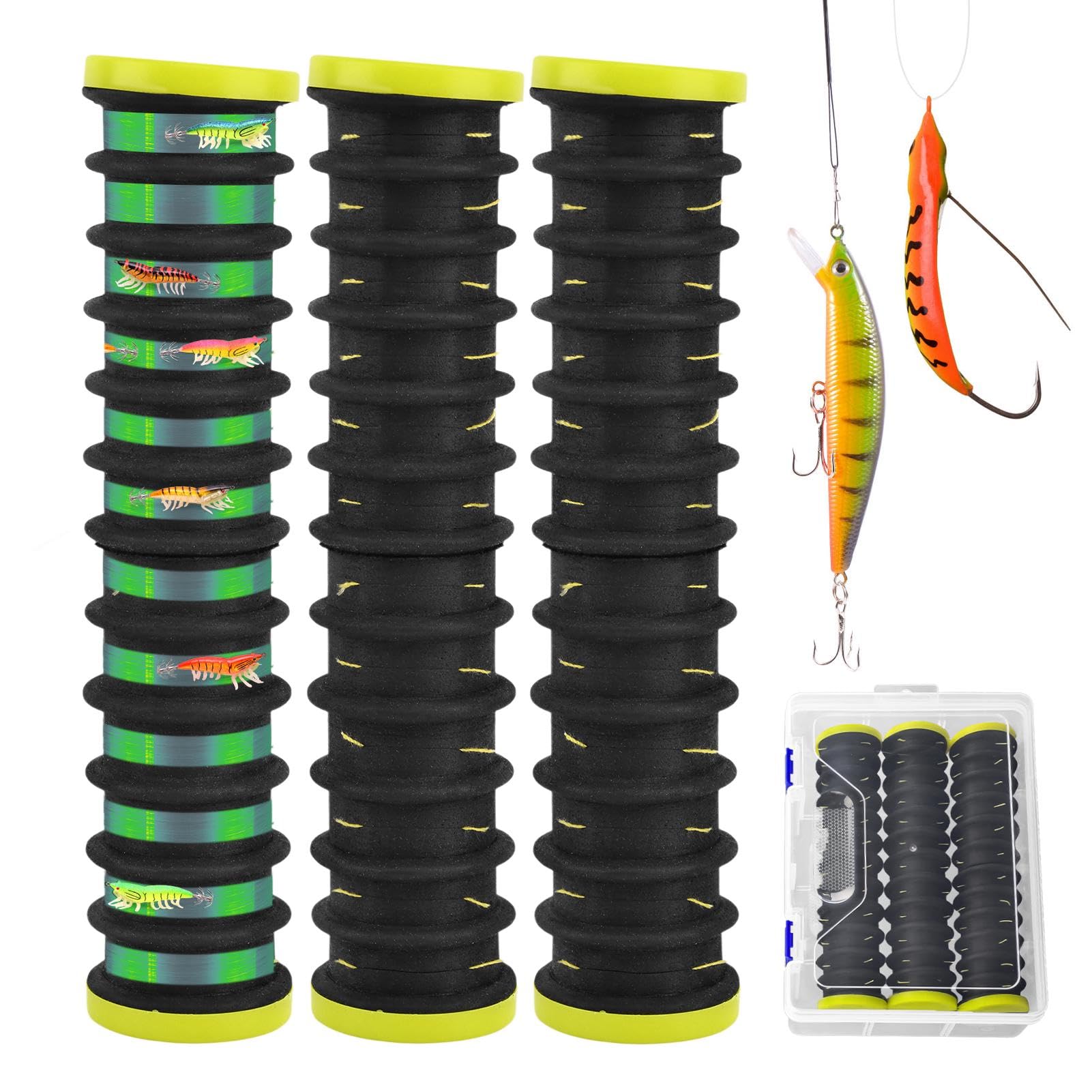 3 Pcs Fishing Leader Storage Organizer, EVA Foam Fishing Line Organizer with 12 Line Slots for Storing Lines Winding Board Rigs Holder Leader Tray Hook Keeper, with Tackle Box(Color:Black)
