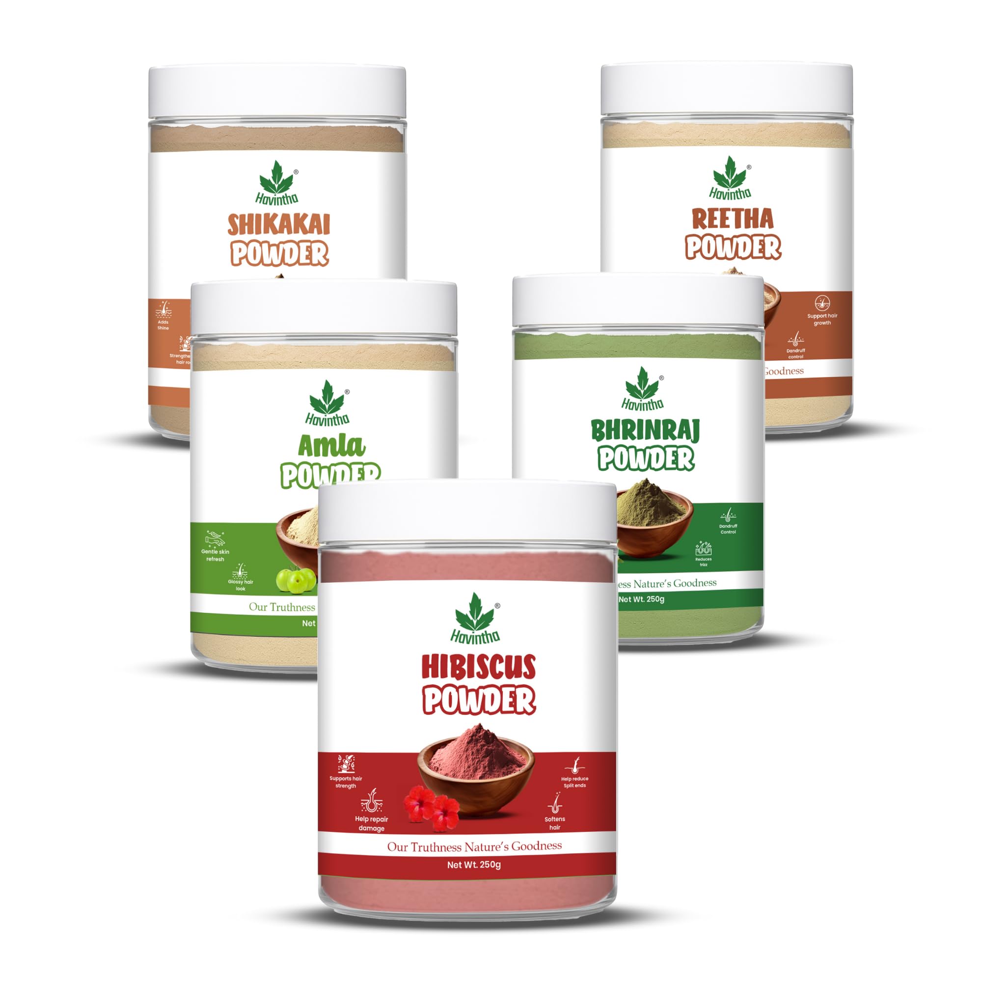 Havintha Amla Reetha Shikakai Bringraj & Hibiscus Powder For Hair - each 250Grams (Combo Pack of 5)