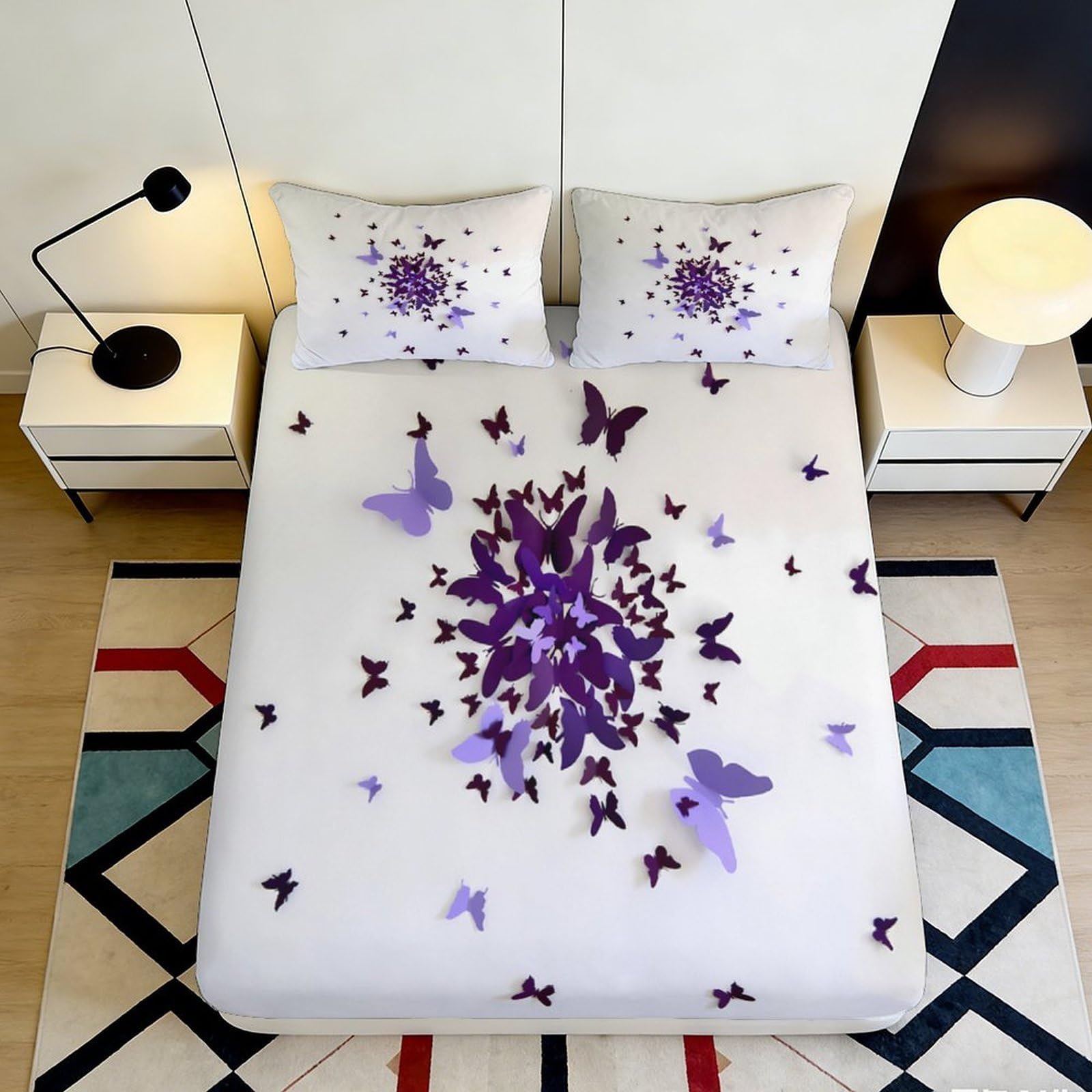 Decorative Butterfly Fitted Sheet 3D Printed, Microfiber Soft Touch, Purple Bed Cover for Bedroom or Guest Room, Easy Care, Apartment Bedding 120x200x25cm