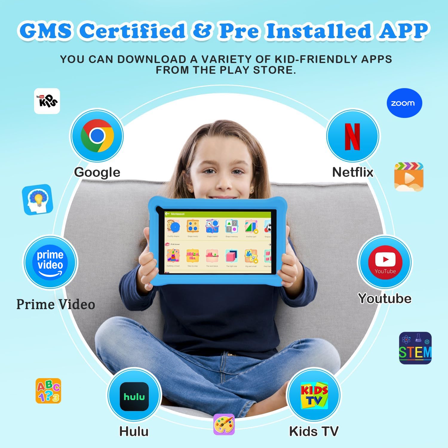 Imagen de la SANNUO Tablet para Niños 7 Pulgadas en color azul, mostrando su funda protectora de EVA y pantalla.