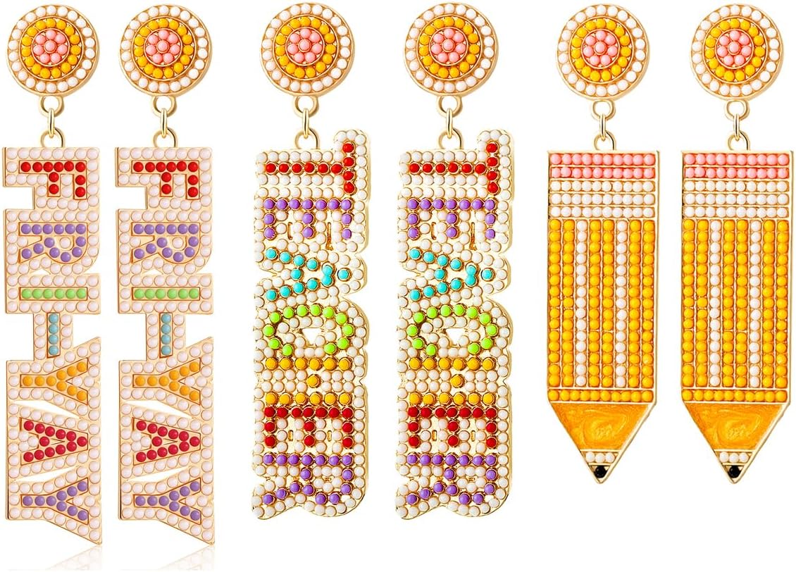 Teacher Earrings for Women Rhinestone Beaded Dangle Drop Pencil FRIYAY Earrings Colorful Teacher Appreciation Earrings Back To School Jewelry Set