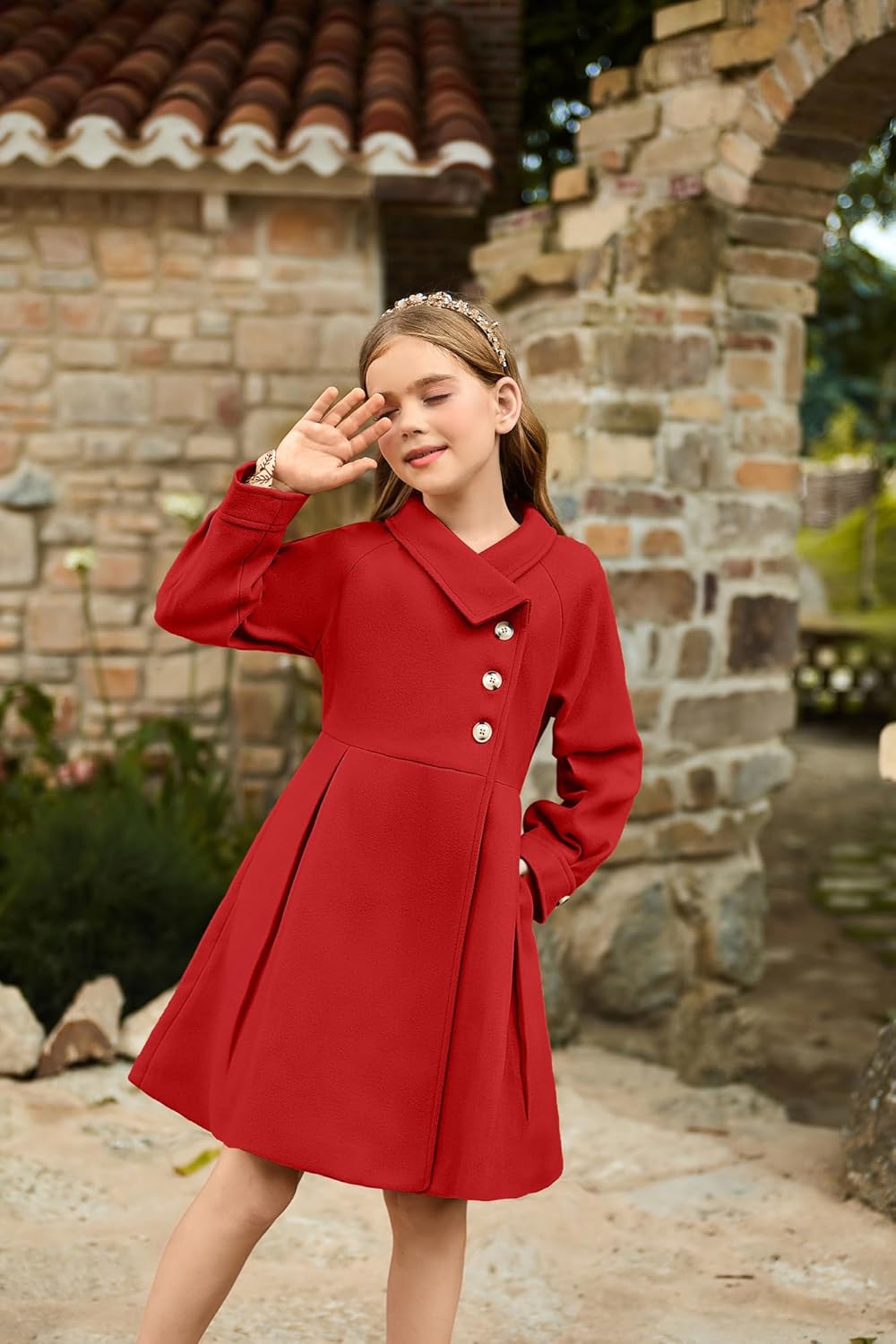 GRACE KARIN Girls Dress Coat Kids Wool Lapel Long Button Jackets Fall Winter Outerwear Peacoat with Pockets 5-12Y - Image 3