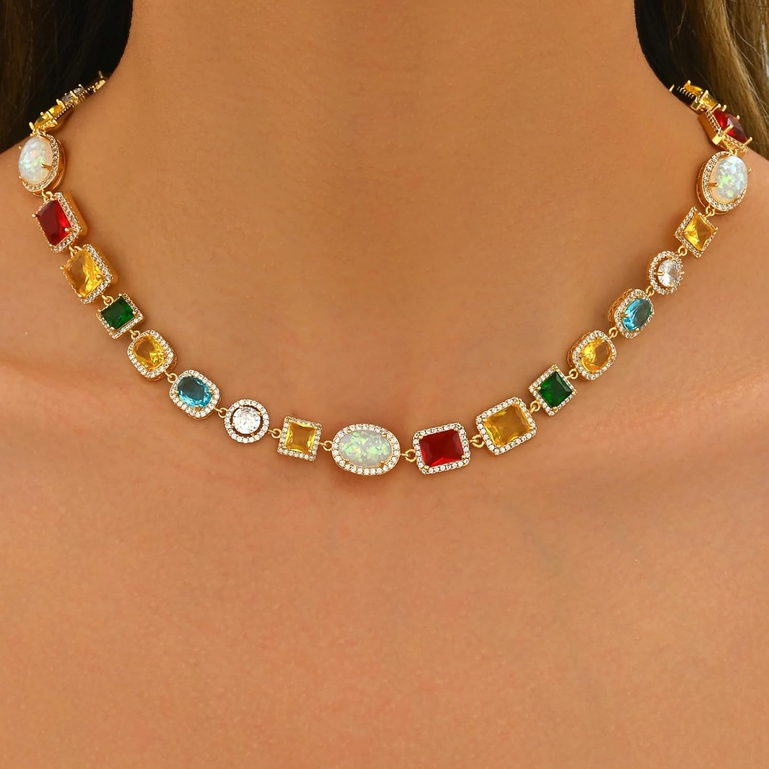 Tennis Necklaces for Men, Dainty 18K Gold Plated Diamond Tennis Choker Necklace Cubic Zirconia Chain with Emerald, Ruby, and Aquamarine Gemstones for Men Bride Birthday Wedding Valentine's Day Gifts