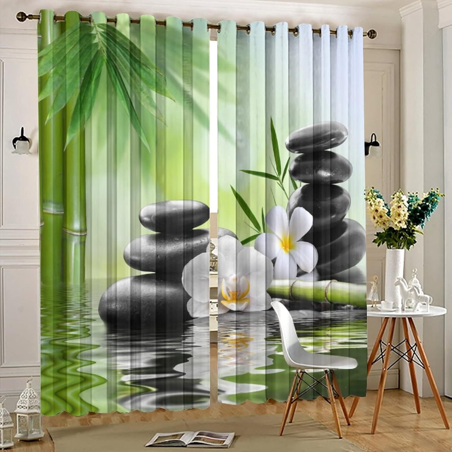 Zen Spring Garden Blackout Curtains - Japanese Style Spa Black Stone White Flower Green Bamboo Print Grommet Window Curtain Set Energy Saving Thermal Insulated Drapes,2 Panels 63L x 21W