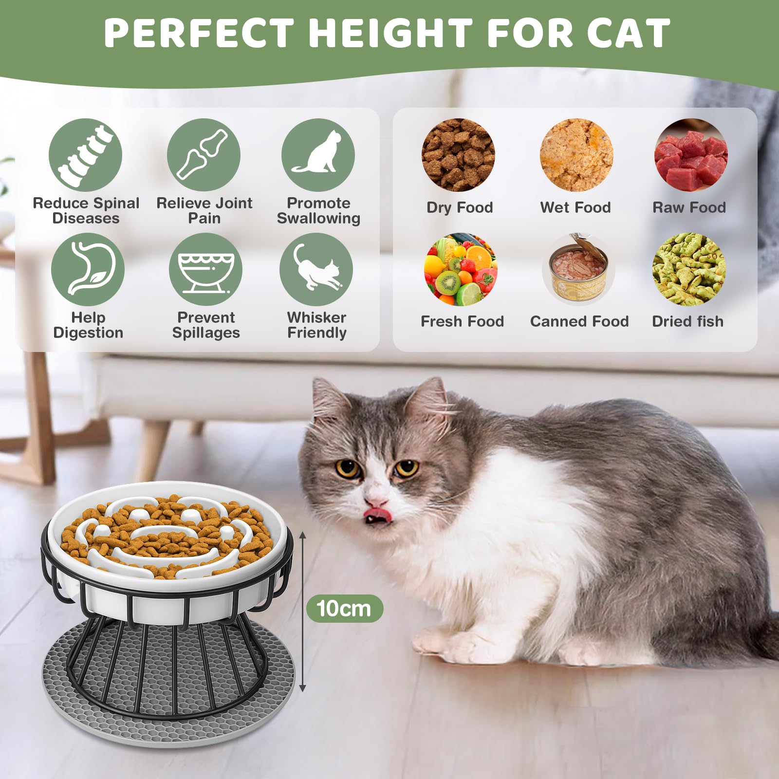 Ciotola Anti Ingozzamento Gatto Rialzata, Ciotola Gatti Anti-imbracatura in Ceramica con Supporto e Ttappetino Antiscivolo, Ciotole Alimentazione Mangiare Lentamente per Gatti e Cani Piccoli