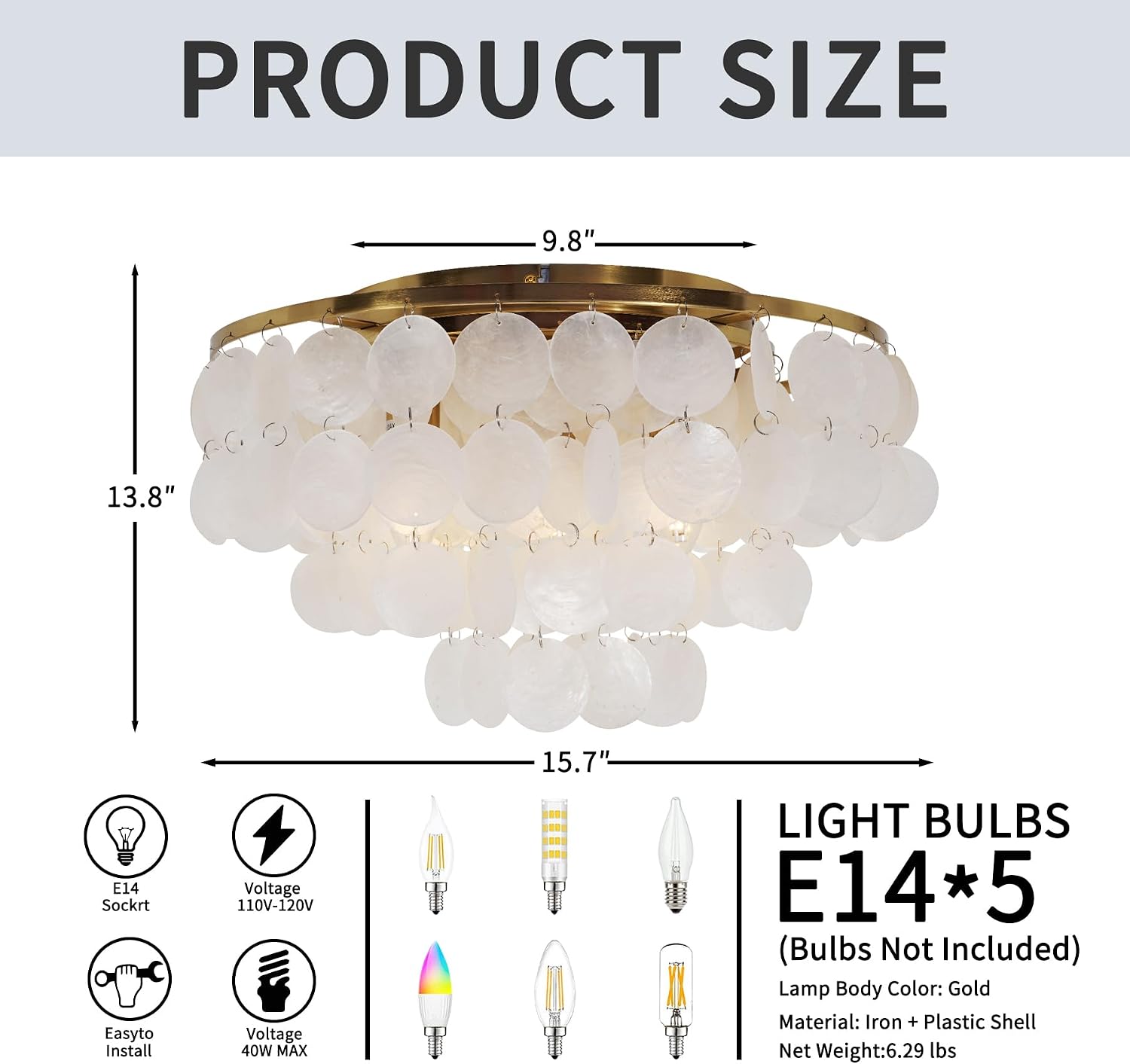 Fandian Capiz Shell Ceiling Light Fixture Modern Semi Flush Mount Close to Ceiling Lights 15.7 Inch Gold Chandelier for Entryway Bedroom Seashell Coastal