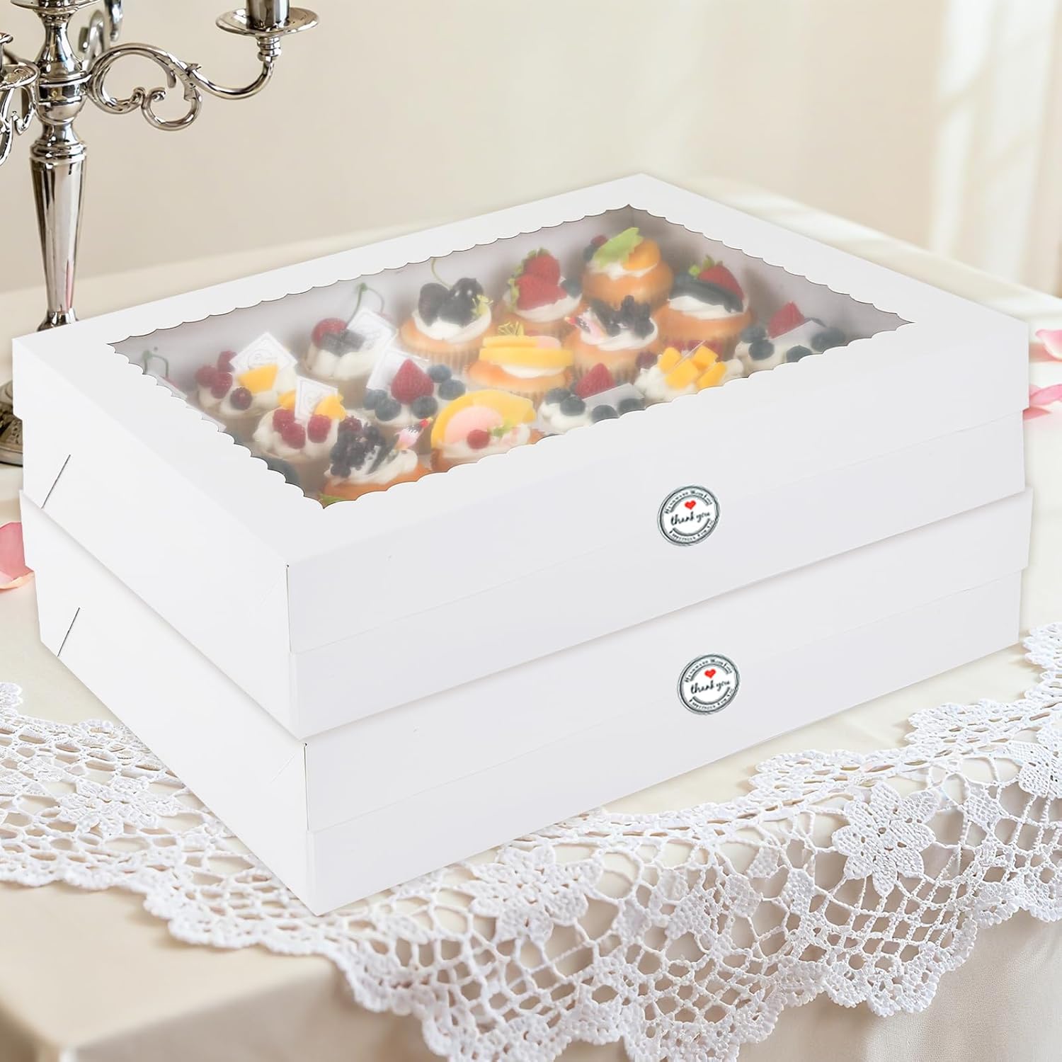 24 Count Cupcake Box, 4 Pack Cupcake Containers with Windows and Inserts, Disposable Cupcake Carriers for Muffins, Treats, Pastries,Valentine's Day 19 x 14 x 3.9 Inches (White, 24Count /4Pcs)