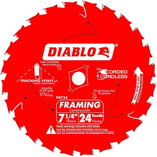 Framing Saw Blade - 7-1/4" Dia., 24 ATB Teeth, 5/8" Arbor, 3-Pack | Ideal for Wood - Optimized TiCo+ Hi-Density Carbide, Perma-SHIELD Non-Stick Coating, Anti-Vibration Design - D0724X3