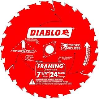 Framing Saw Blade for Wood - 7-1/4" Diameter, 24 ATB Teeth, 5/8" Arbor, .059" Kerf, 15� Hook Angle, .040" Plate, 8000 Max RPM, 3-Pack - D0724X3