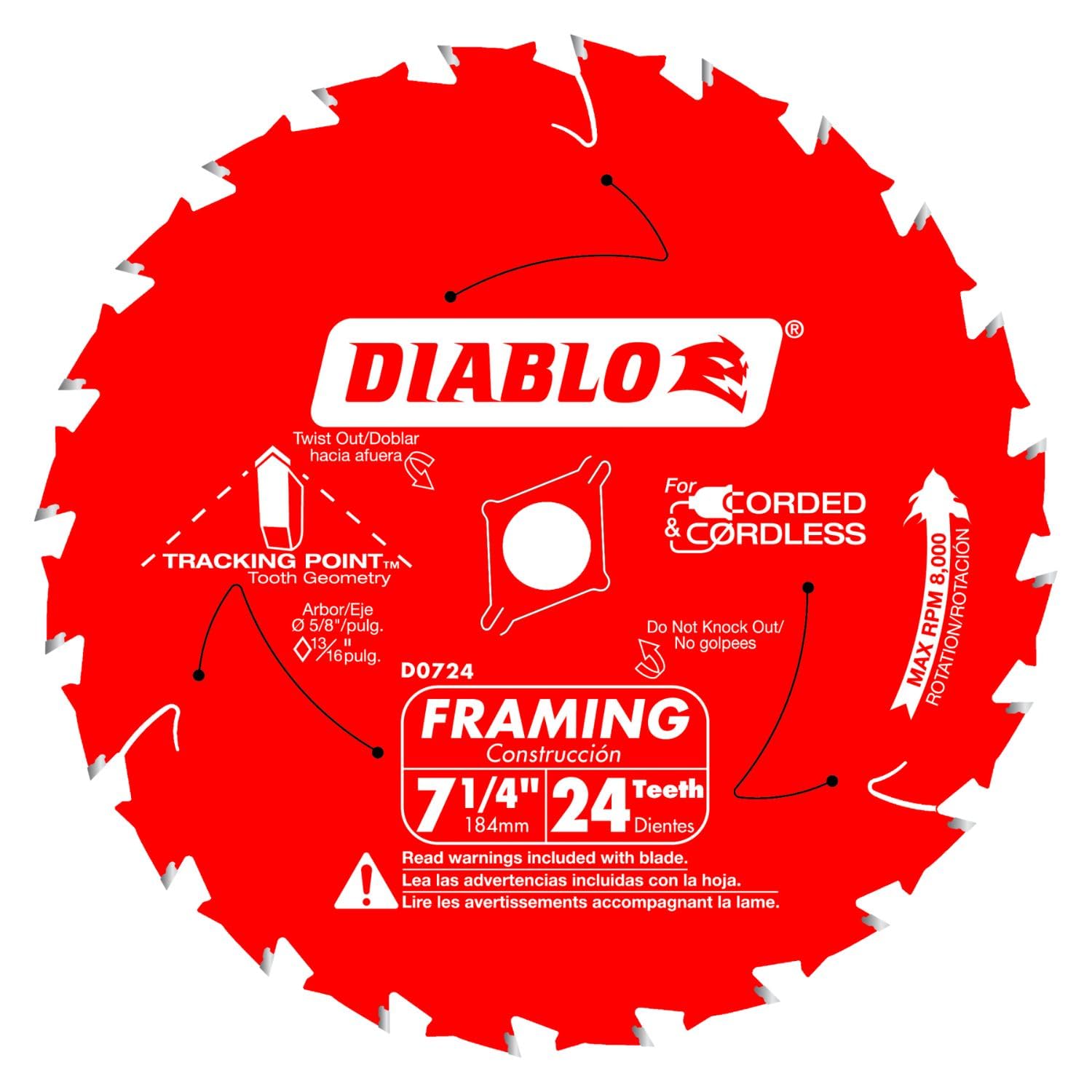 Diablo Framing Saw Blade for Wood - 7-1/4" Diameter, 24 ATB Teeth, 5/8" Arbor, .059" Kerf, 15° Hook Angle, .040" Plate, 8000 Max RPM, 3-Pack - D0724X3