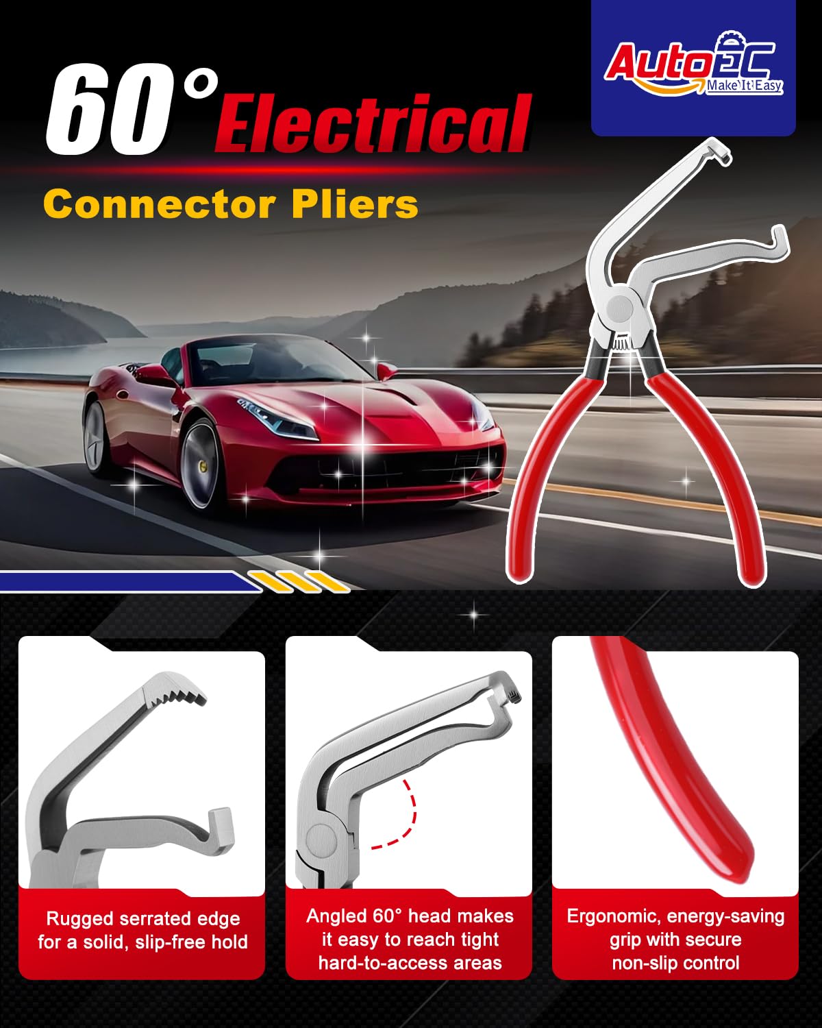AutoEC 5PCS Automotive Electrical Disconnect Pliers Kit, High-Carbon Steel Connector Separator with Straight & 60°Pliers, Hose Clamp Plier, Durable Tear-Resistant Gloves, for Cars, Trucks, and SUVs