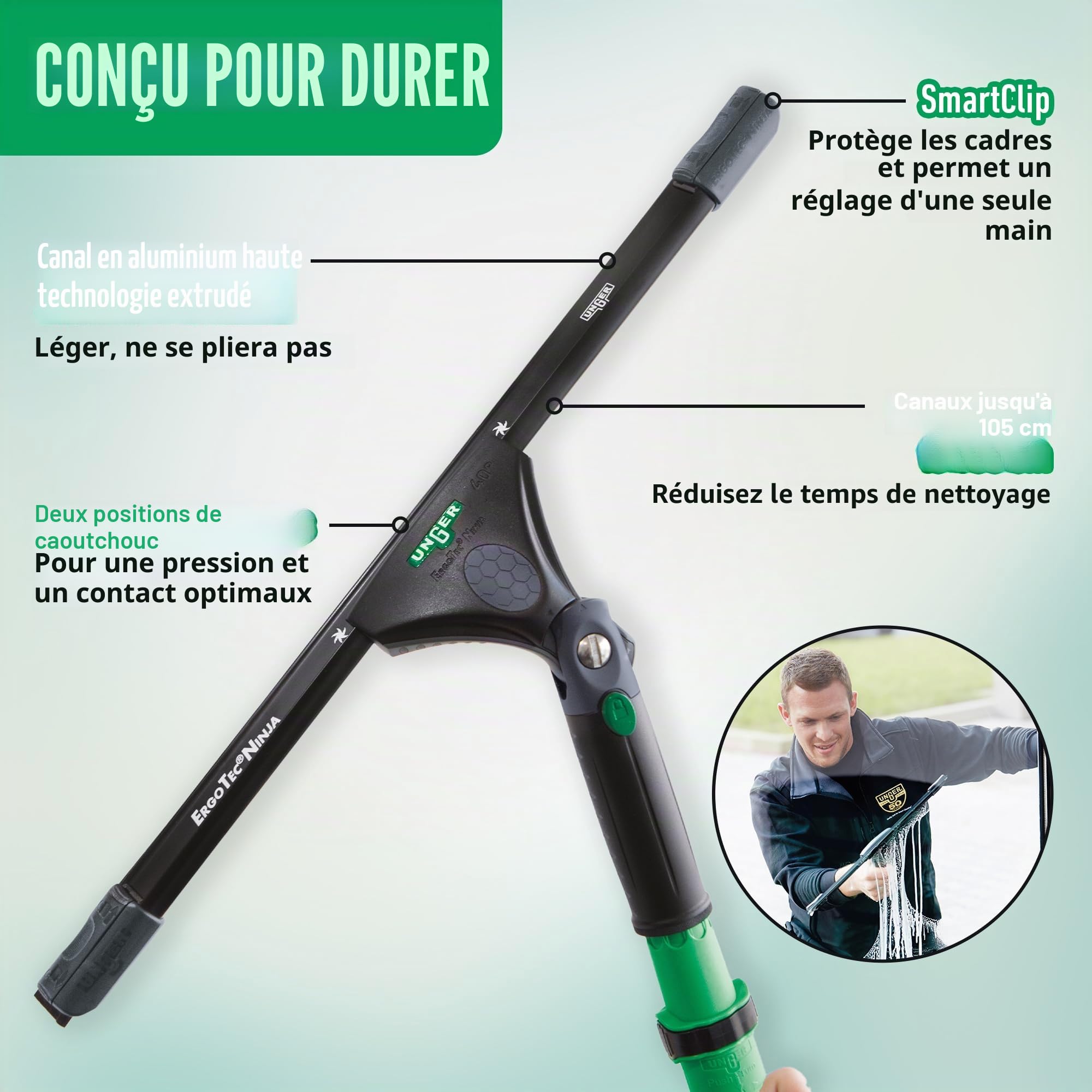 Unger EN350 ErgoTec Ninja Nettoyant pour vitres, complet 40°, 35 cm de taille, caoutchouc souple