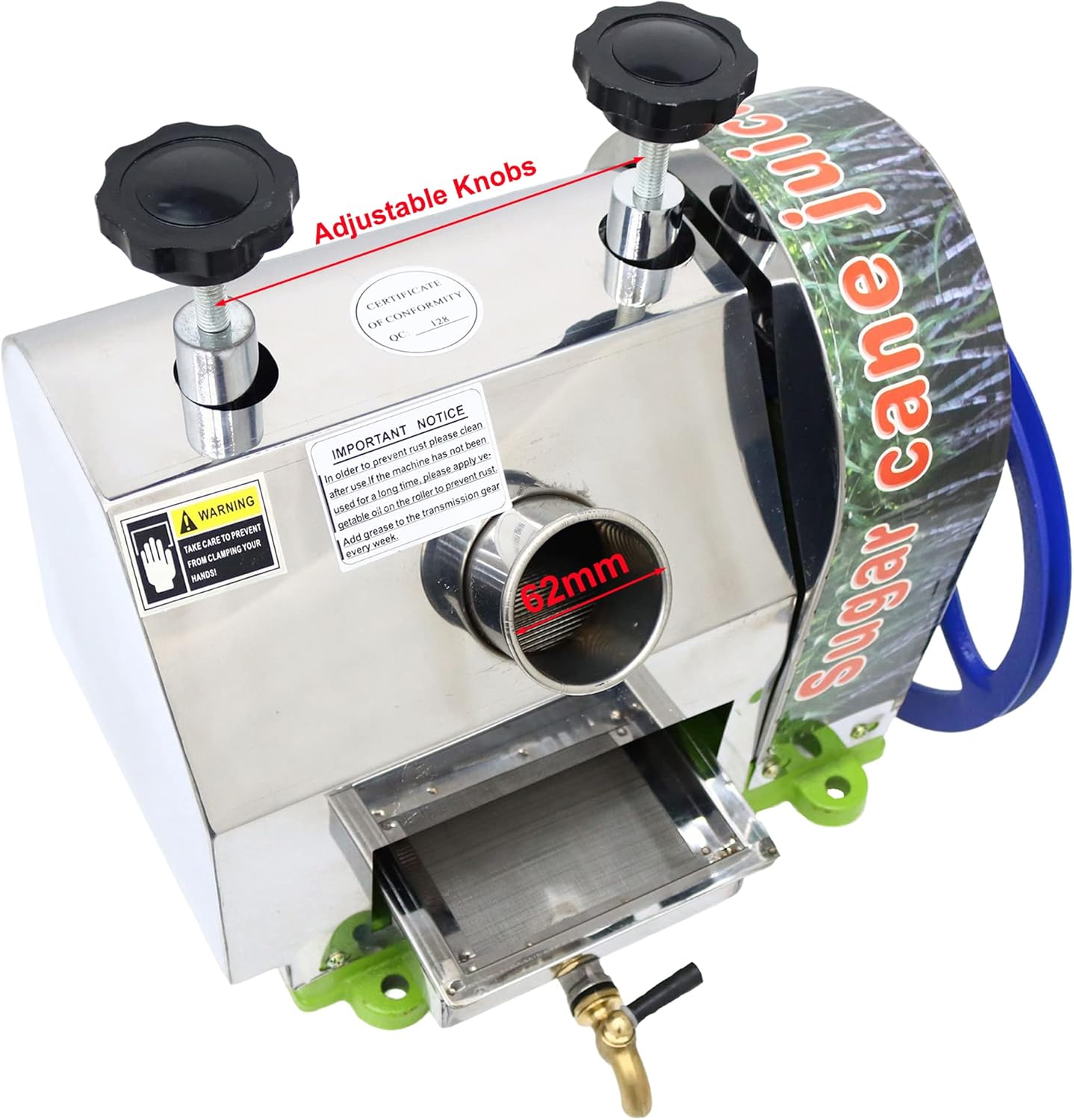 Sugar Cane Juicer Manual Sugarcane Juice Extractor 2.4In Inlet 330LBS/H Output Three Rollers Sugar Cane Press Juicer with 2 Peeling Knives for Household and Commercial Use