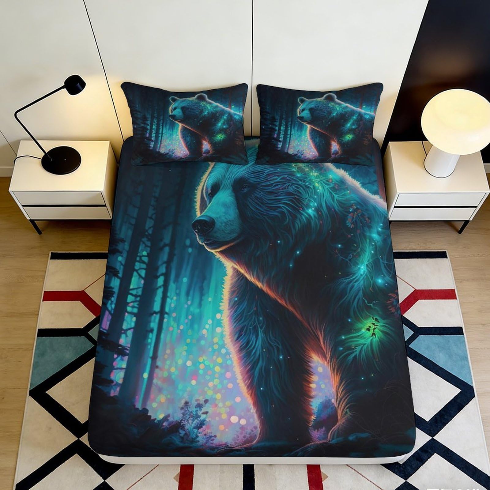 3D Printed Glowing Bear Fitted Sheet Microfiber Soft Durable Forest Night Bed Cover for Bedroom Dormitory Guest Room Mattress Protection 200x200x25cm