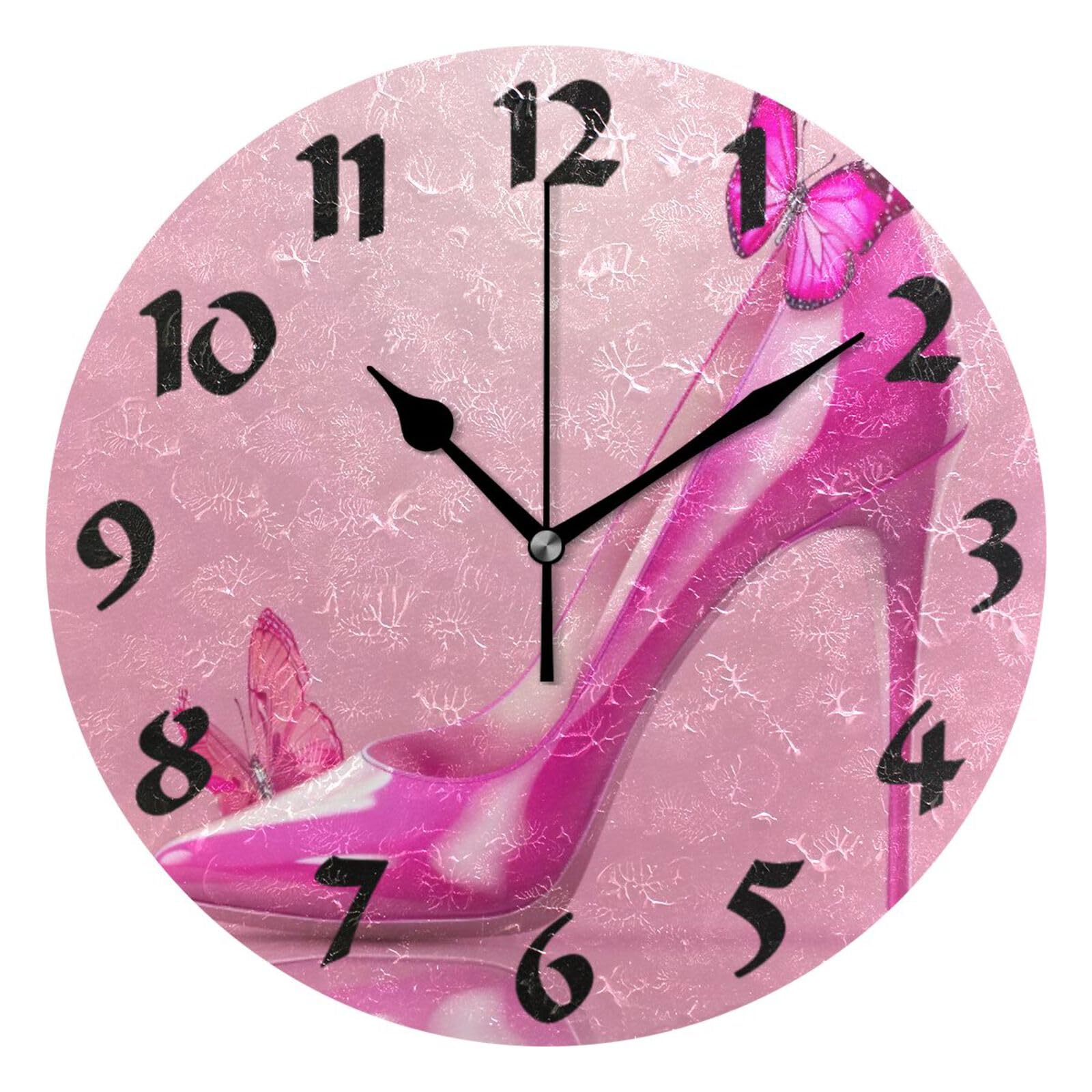Horloge murale décorative 25cm motif talons hauts et papillons en plastique pour maison